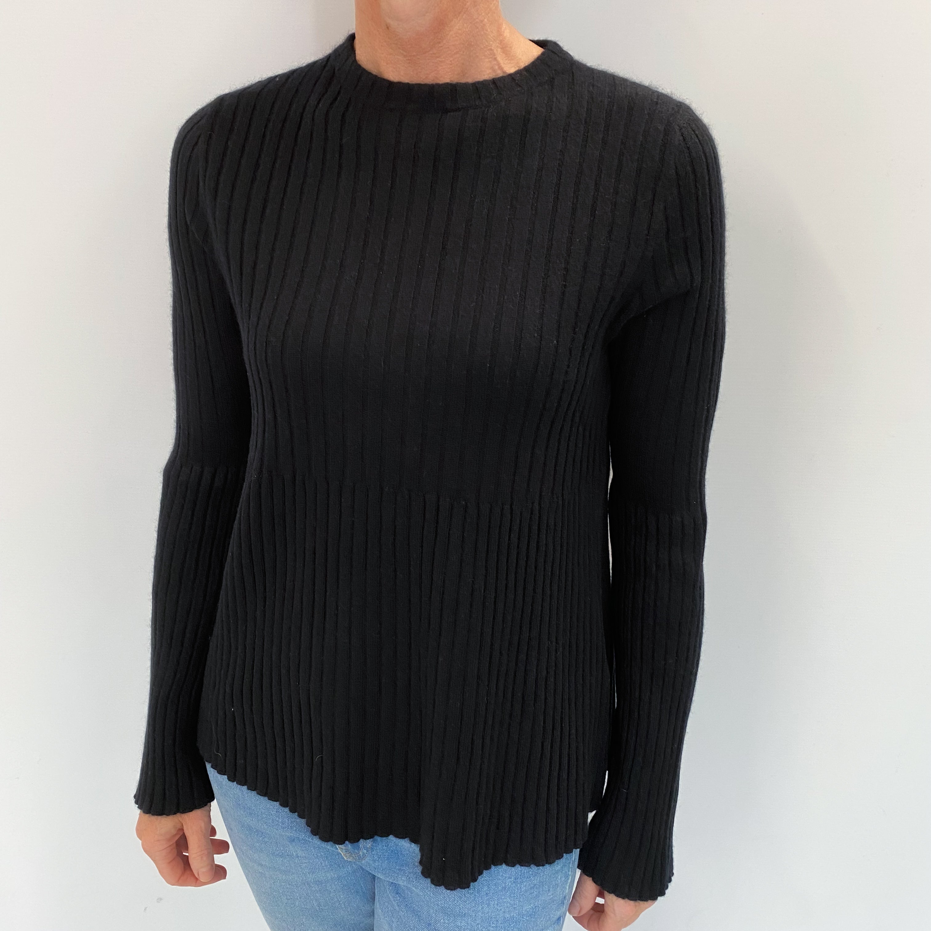 Black Cashmere Crew Neck Ribbed Knit Jumper Small