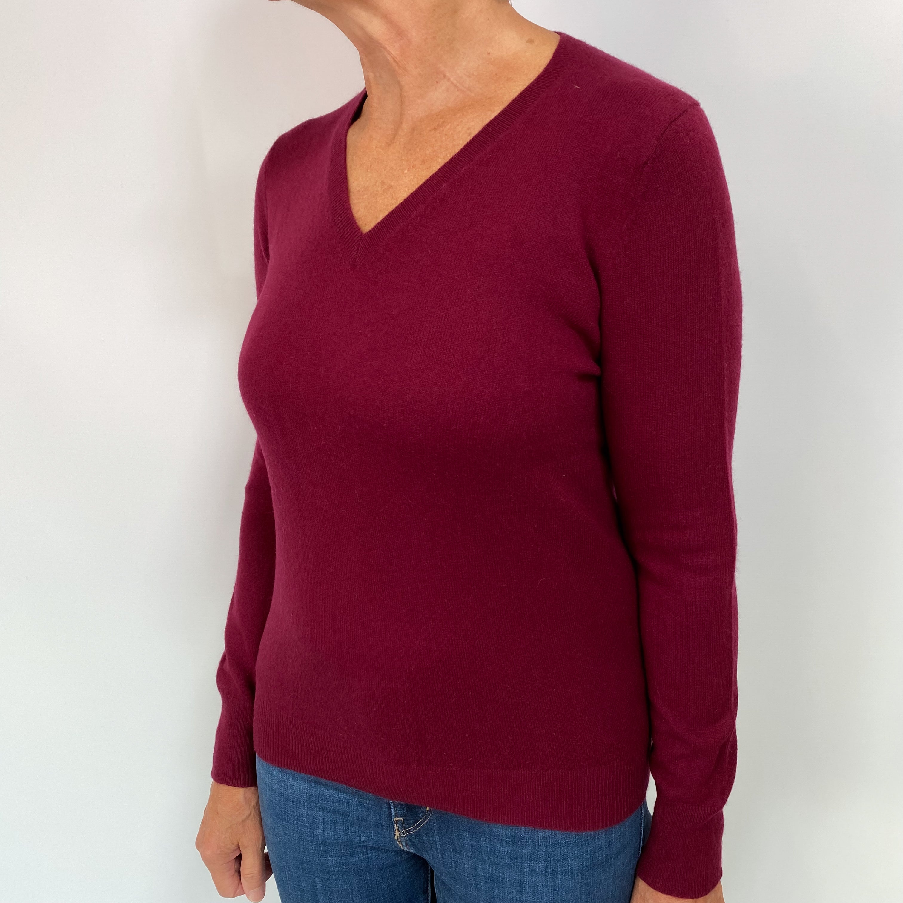 Burgundy Red Cashmere V Neck Jumper Medium