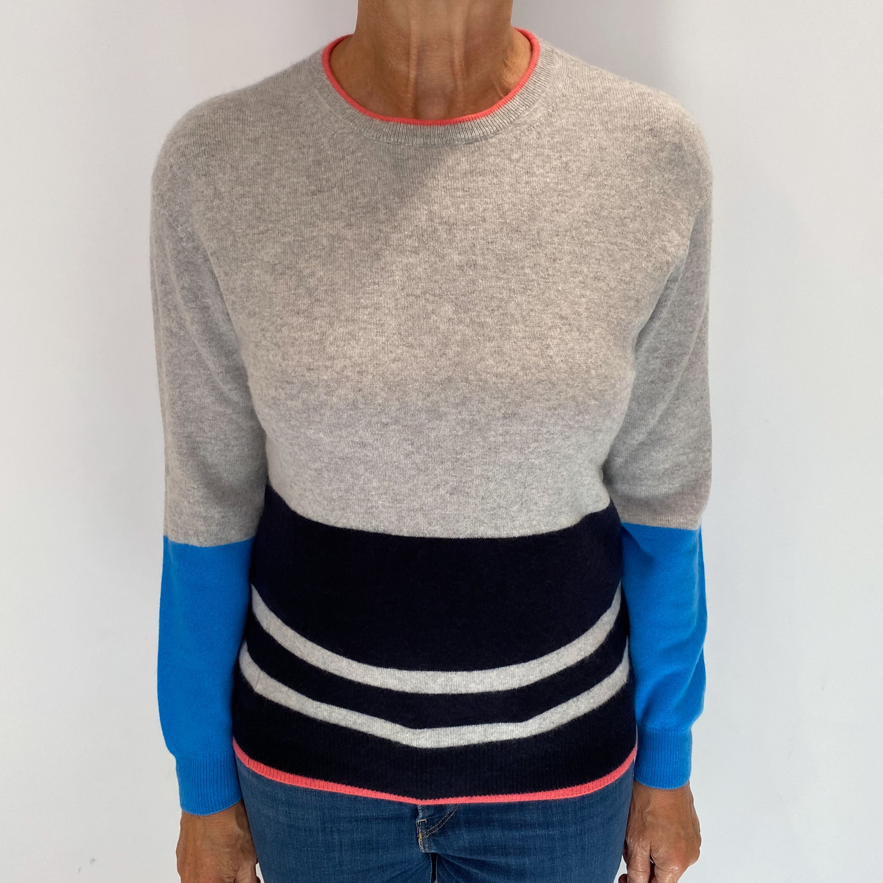 Grey and Navy Stripe Cashmere Crew Neck Jumper Medium