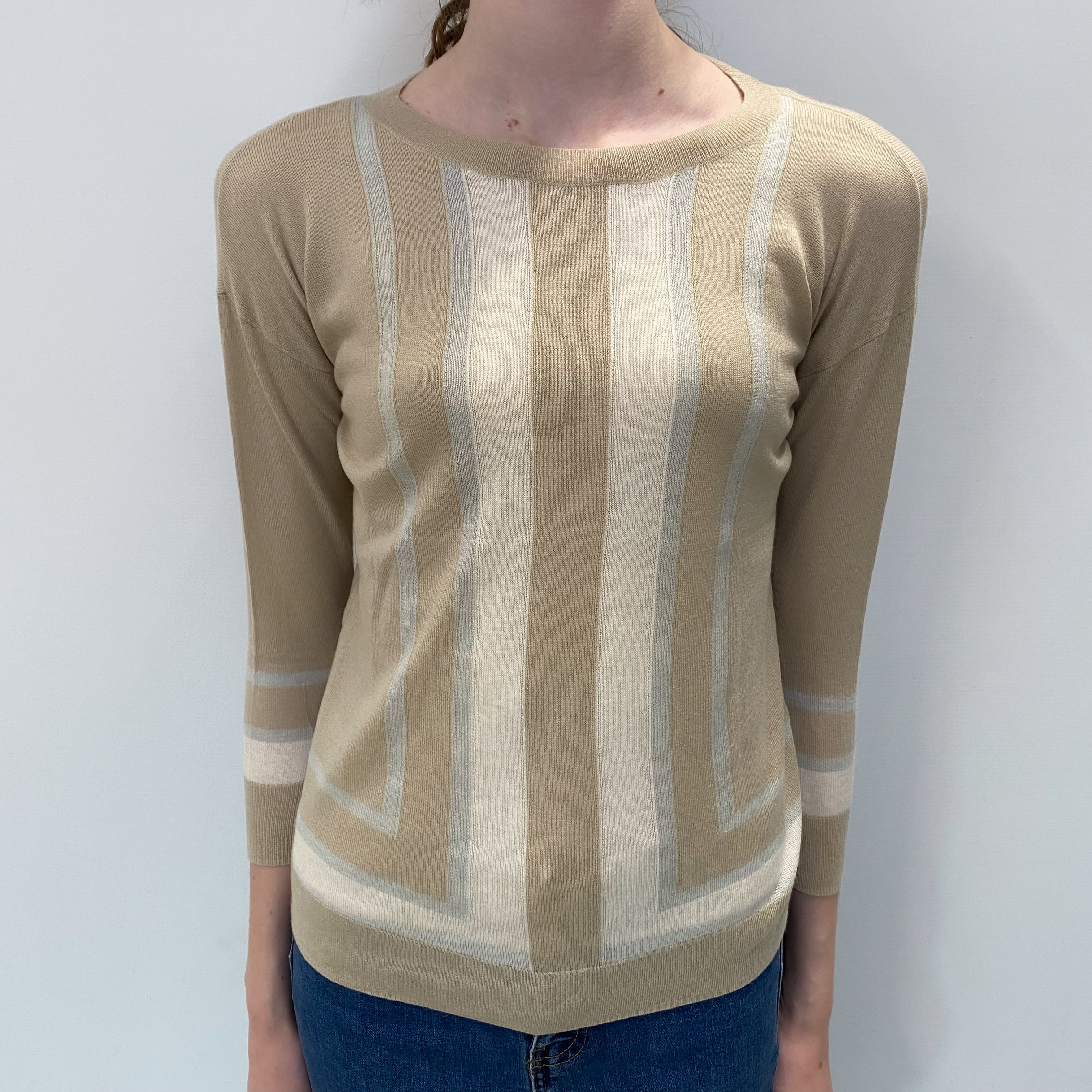 Beige Striped Cashmere Crew Neck Jumper Extra Small