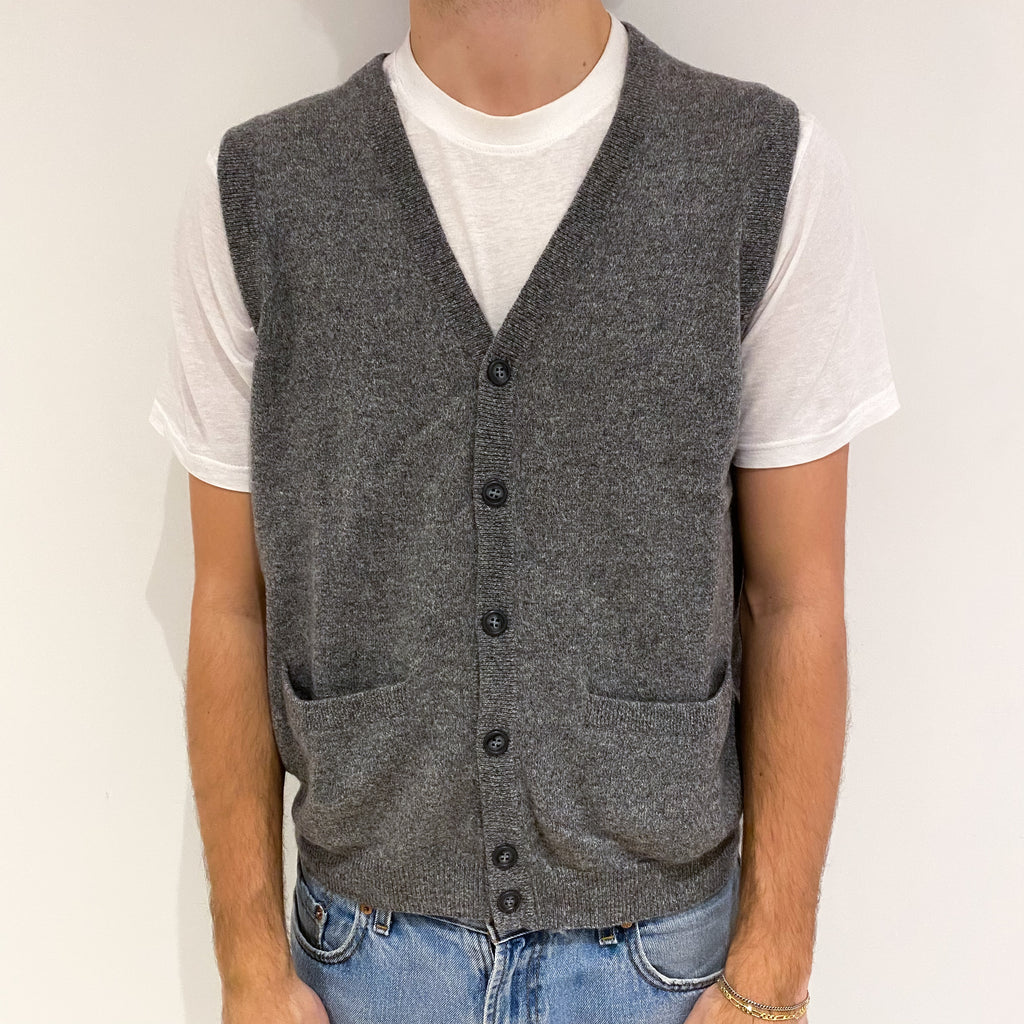 Men's Ash Grey Cashmere V Neck Gilet with Pockets Large