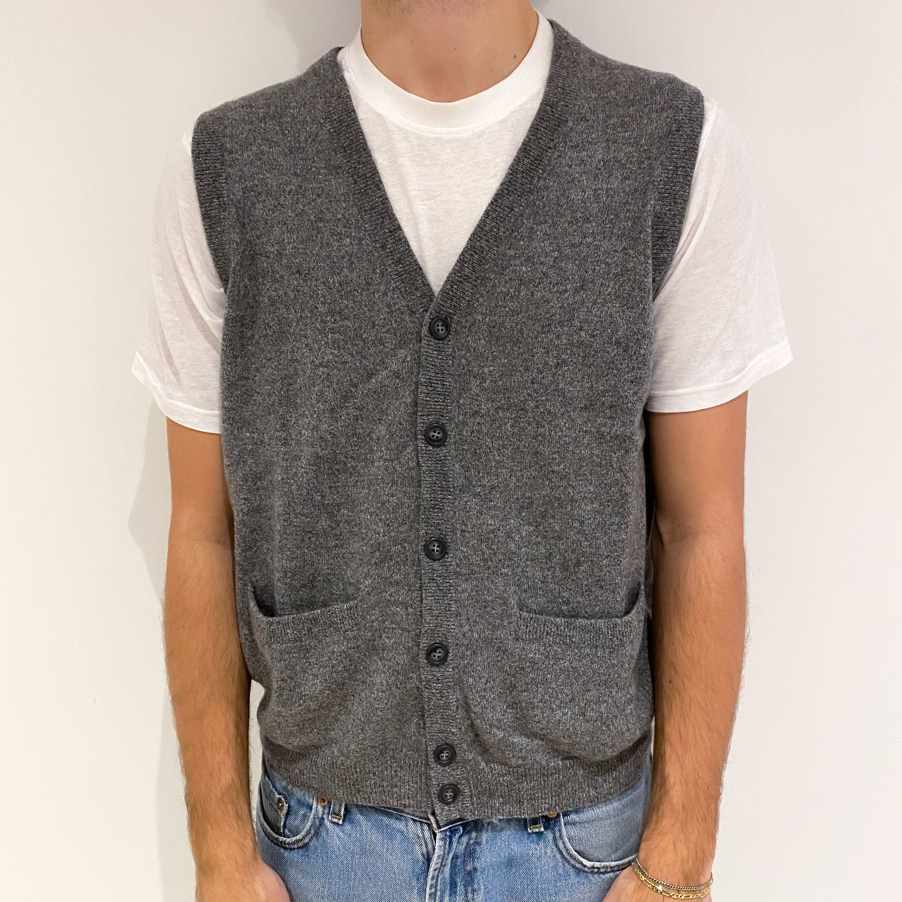 Men's Ash Grey Cashmere V Neck Gilet with Pockets Large