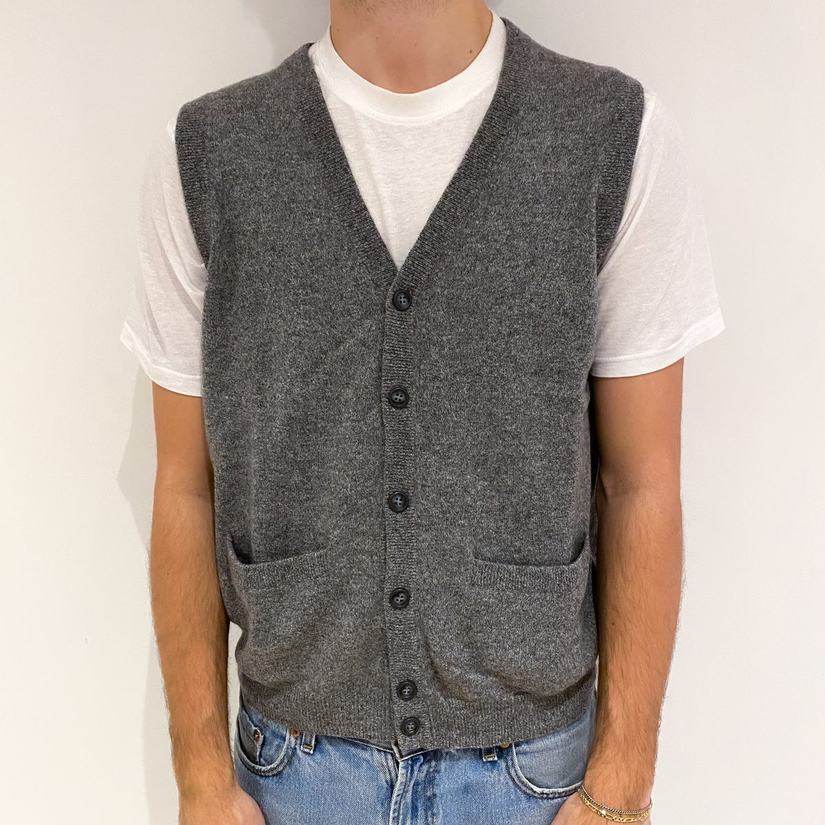 Men's Ash Grey Cashmere V Neck Gilet with Pockets Large