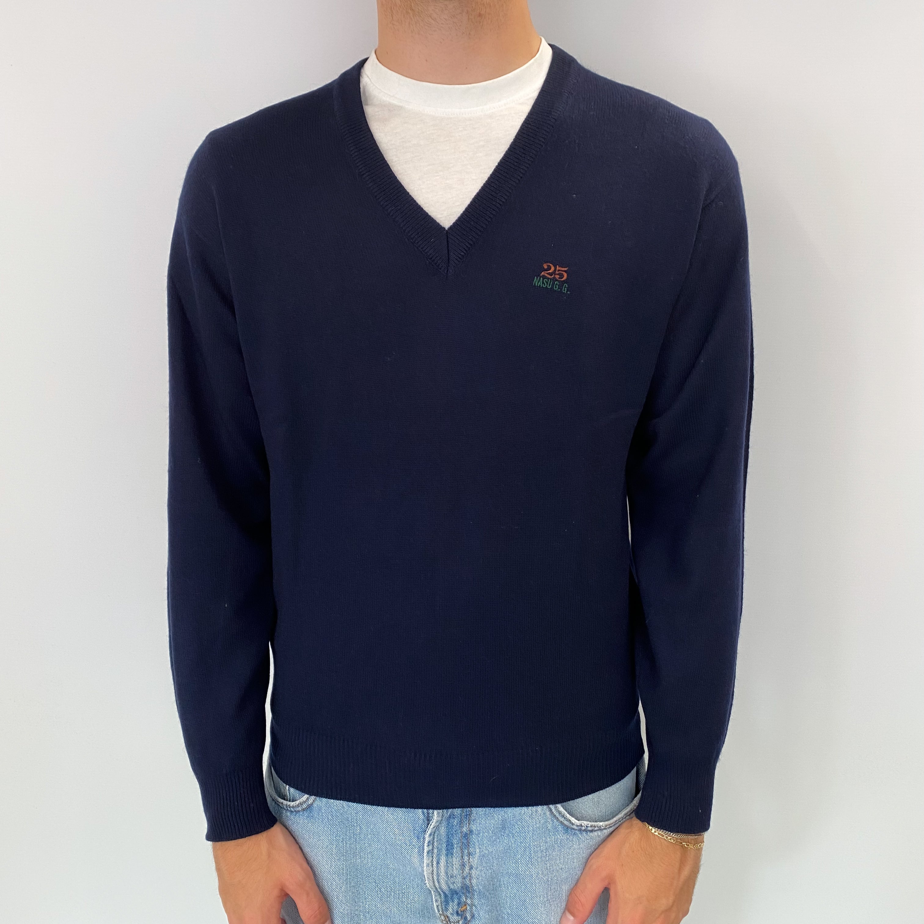 Men's Navy Blue Cashmere V Neck Jumper Medium