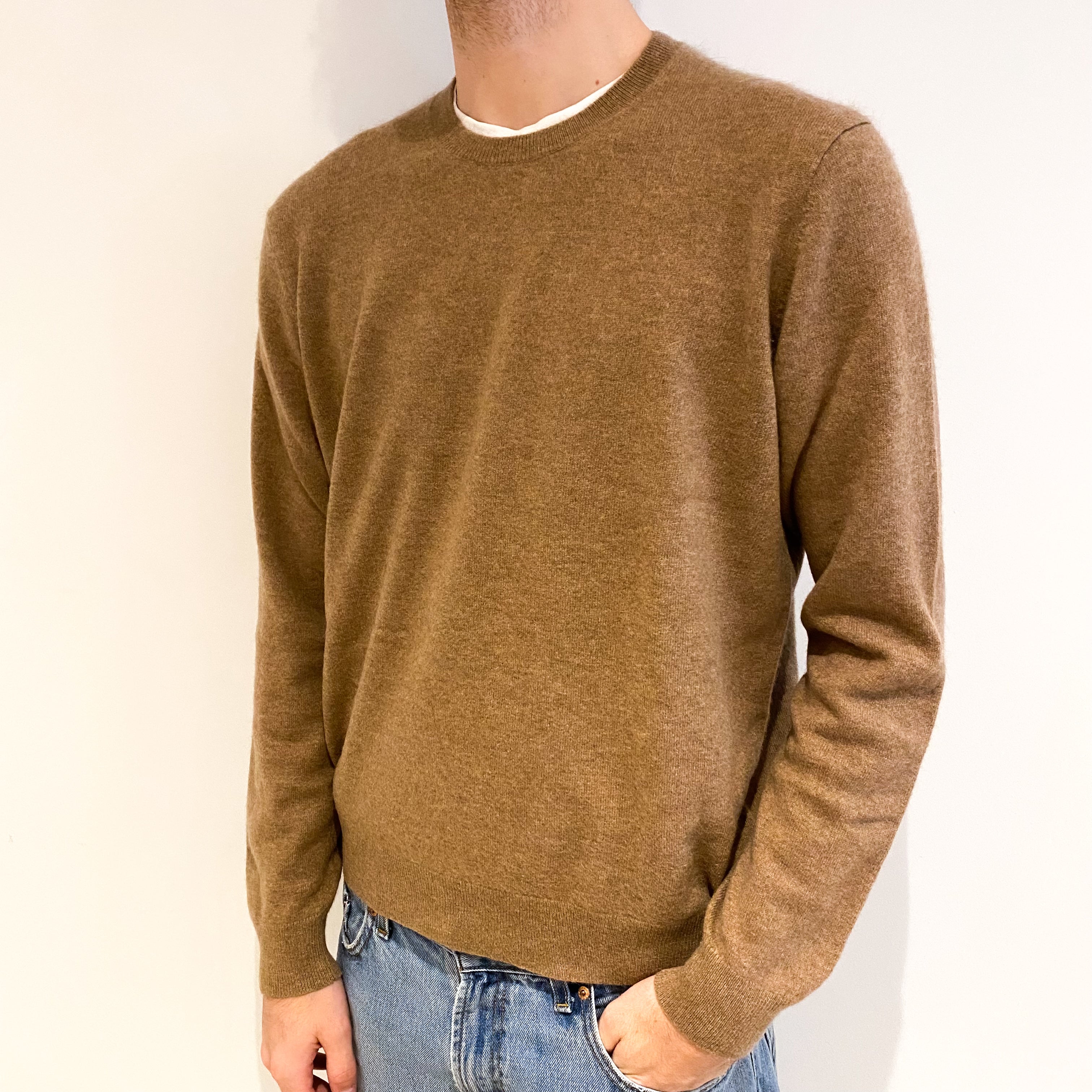 Men's Butterscotch Brown Cashmere Crew Neck Jumper Large