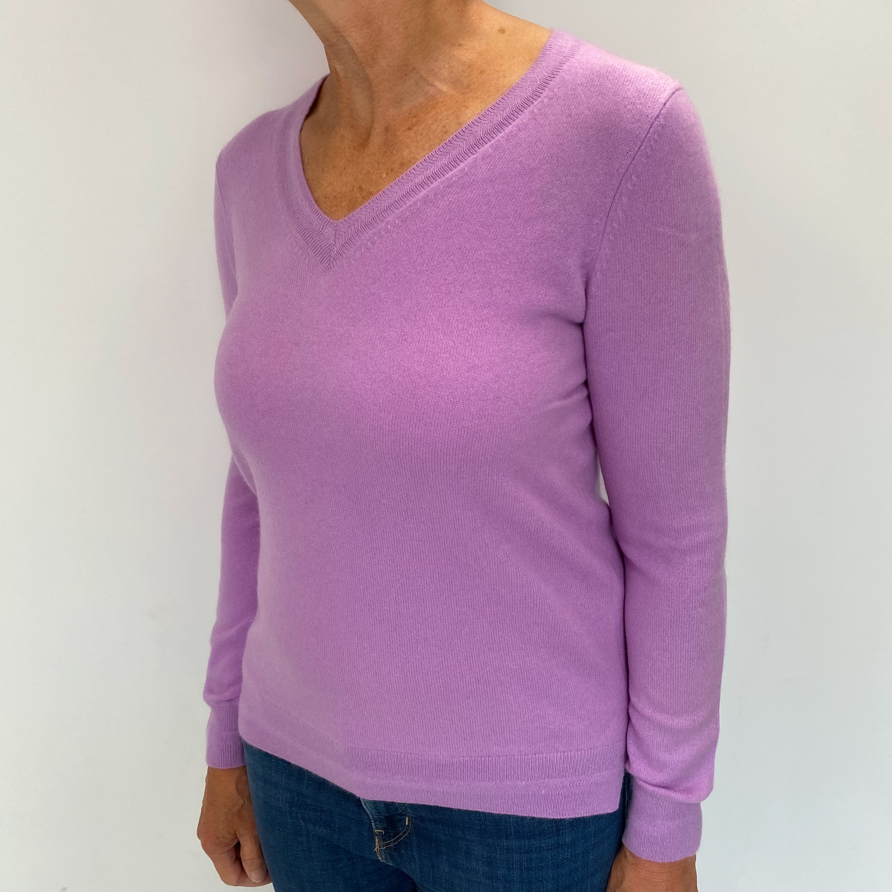 Lilac Purple Cashmere V Neck Jumper Medium