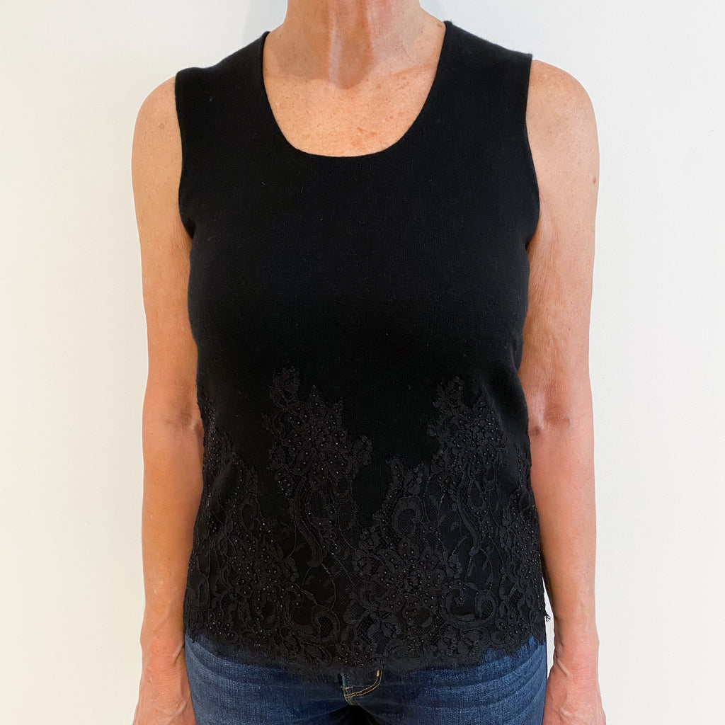 Black Lace Detail Cashmere Scoop Neck Tank Top Medium