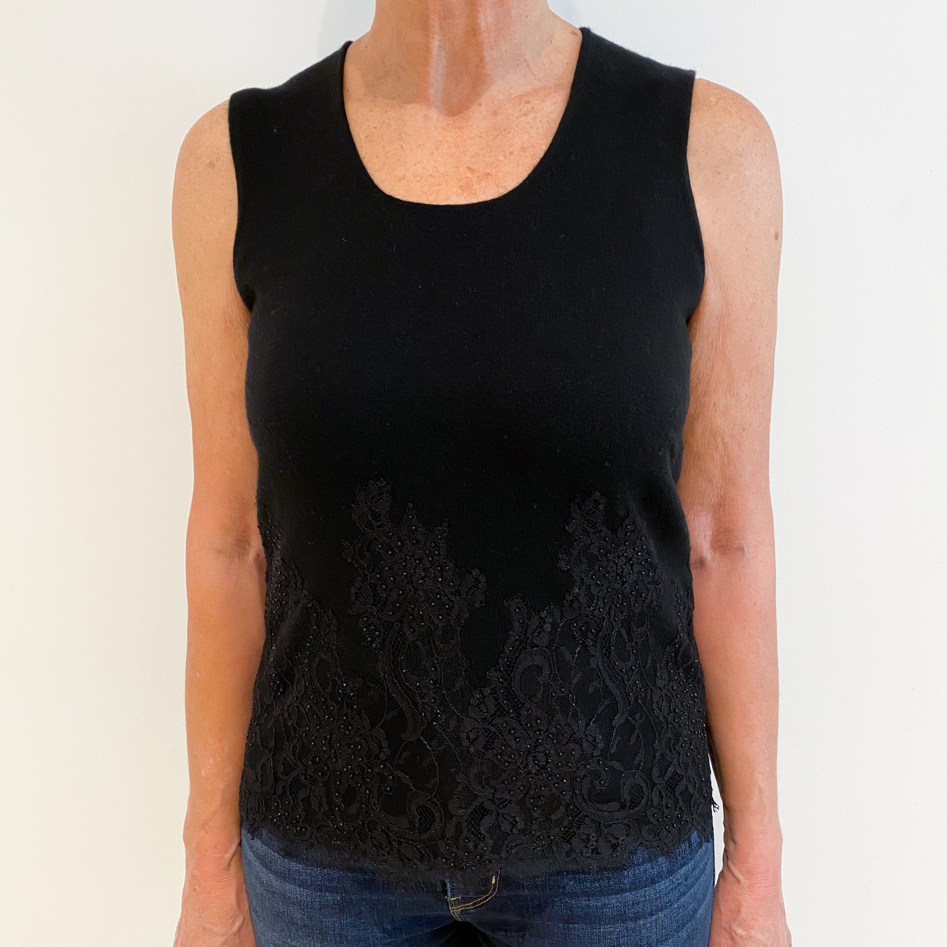 Black Lace Detail Cashmere Scoop Neck Tank Top Medium