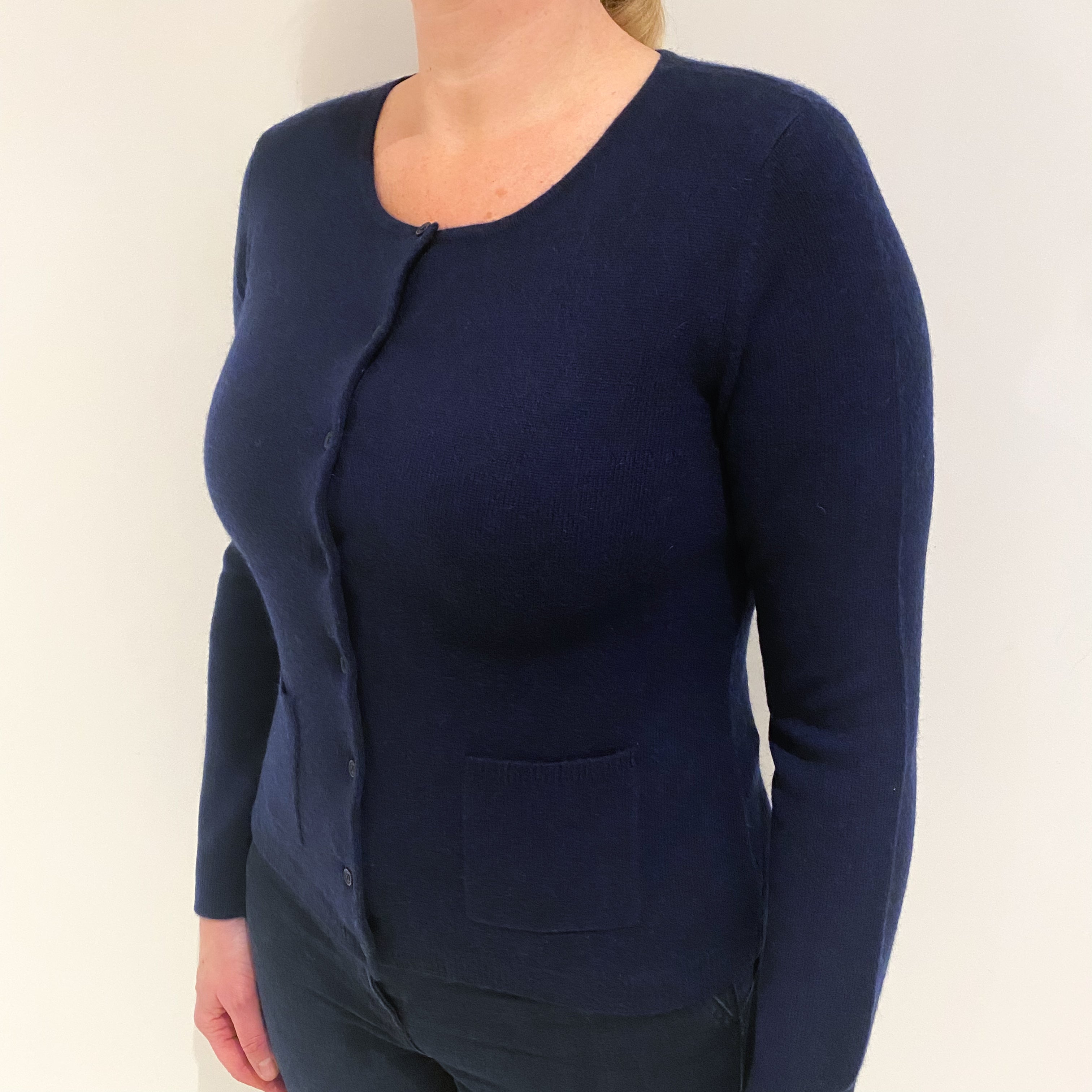 New Navy Cashmere Crew Neck Cardigan Large