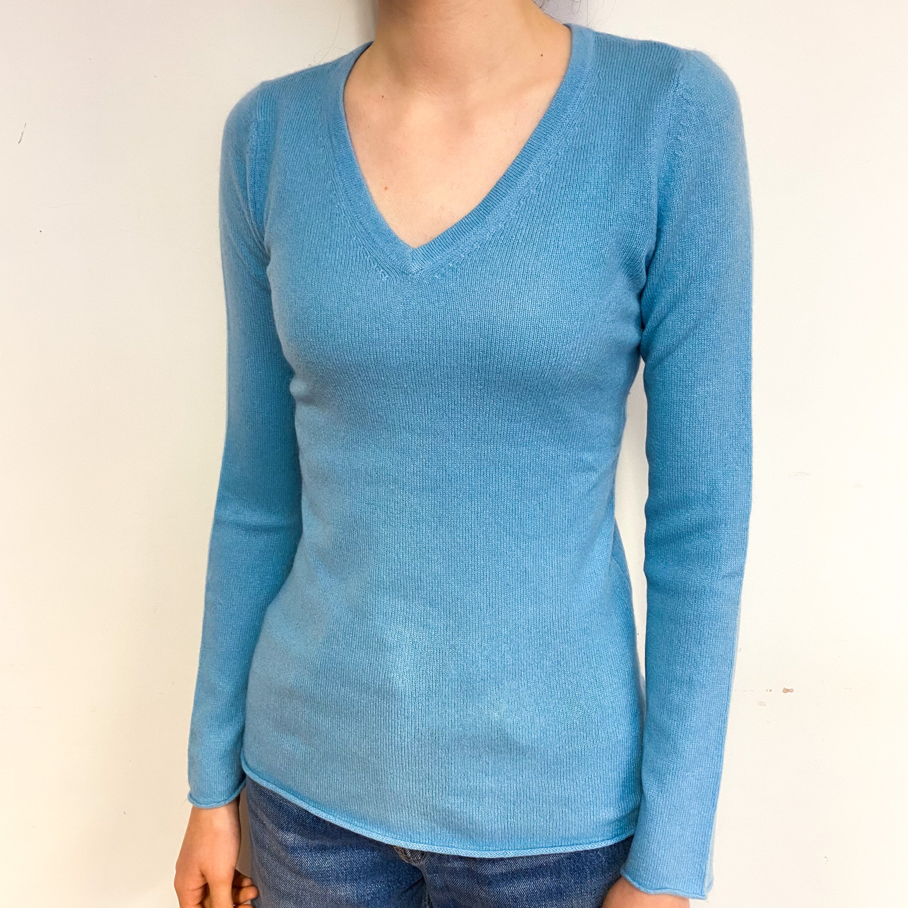 Pale Aqua Blue Cashmere V-Neck Jumper Extra Small