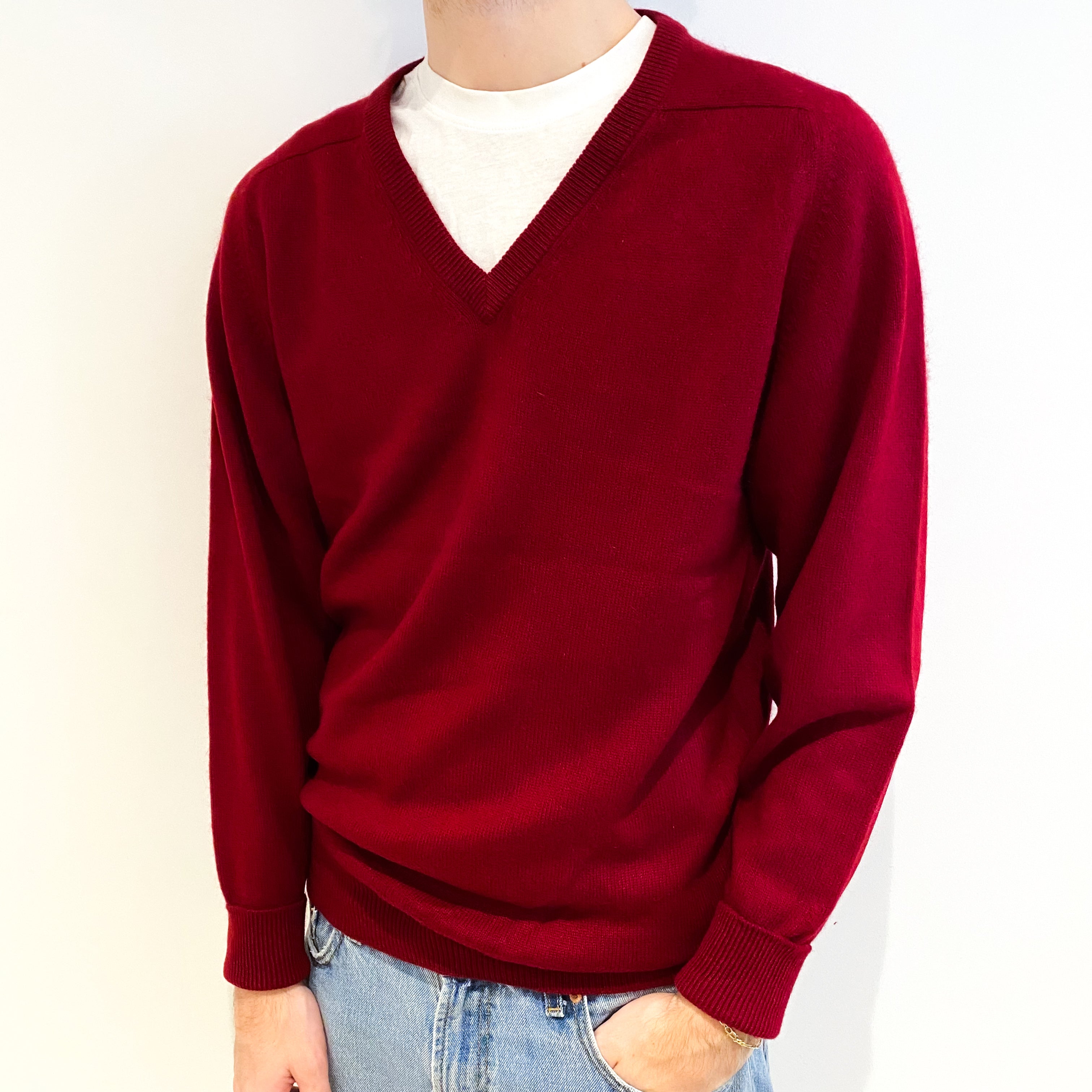 Men's Burgundy Red Cashmere V Neck Jumper Large