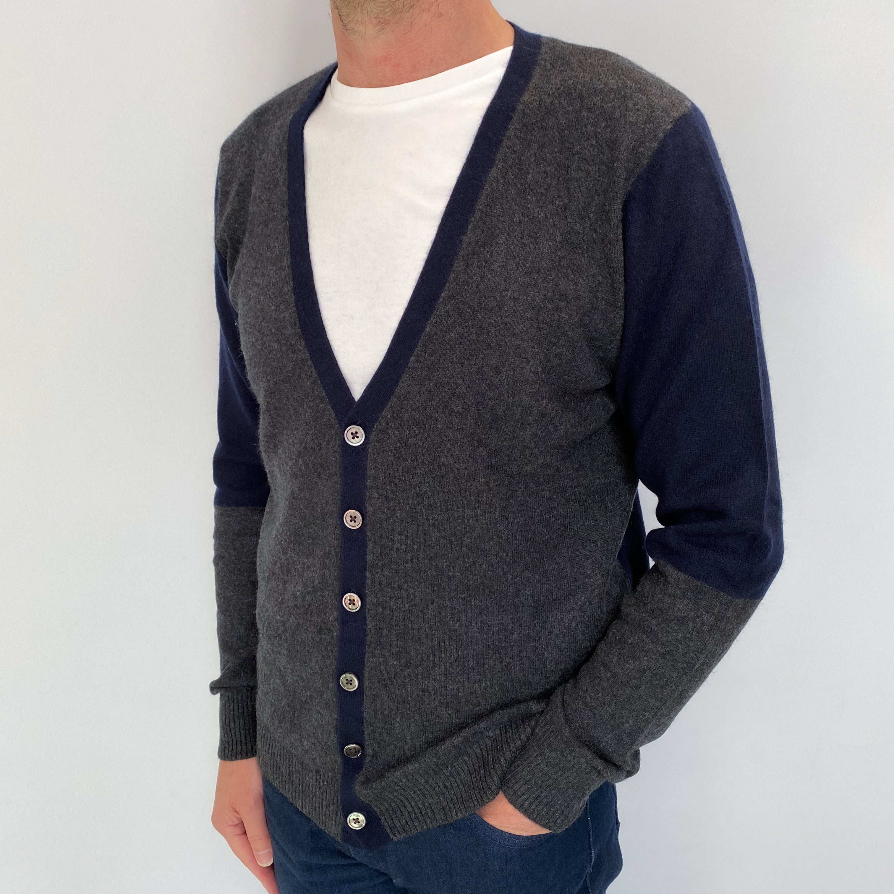 Men's Navy And Charcoal Grey Cashmere V Neck Cardigan Small