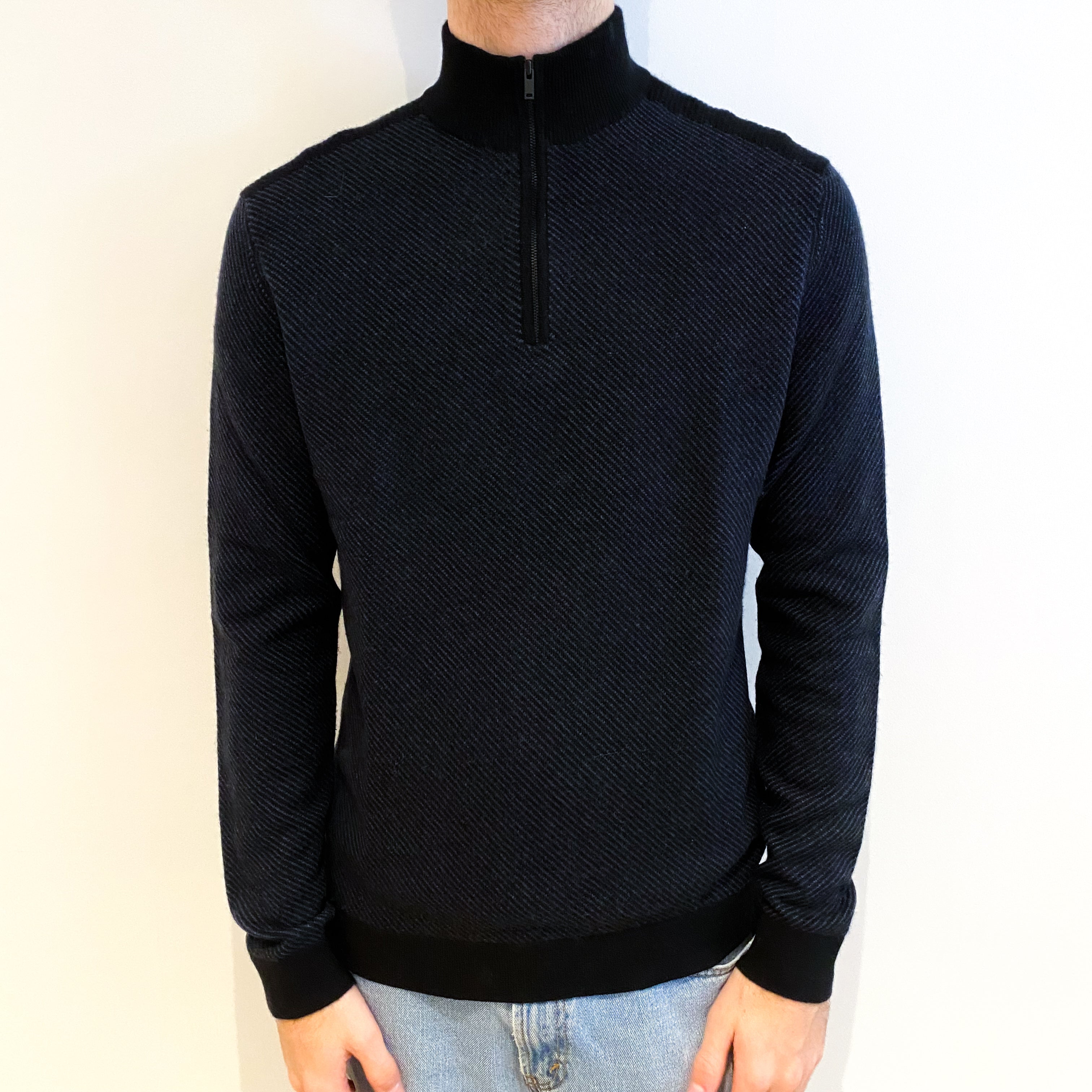 Men's Theory Black Patterned Cashmere 1/4 Zip Jumper Large