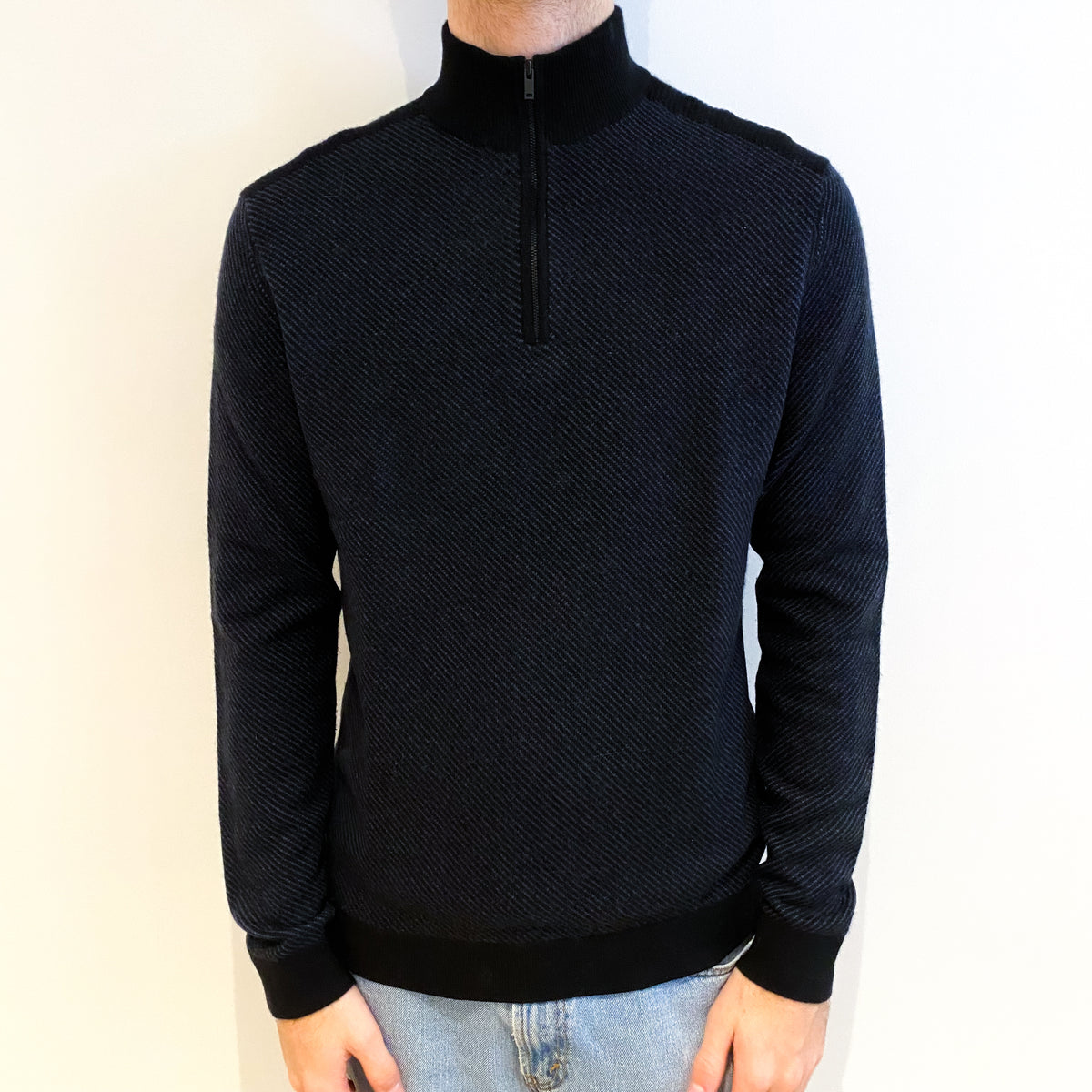 Men's Theory Black Patterned Cashmere 1/4 Zip Jumper Large