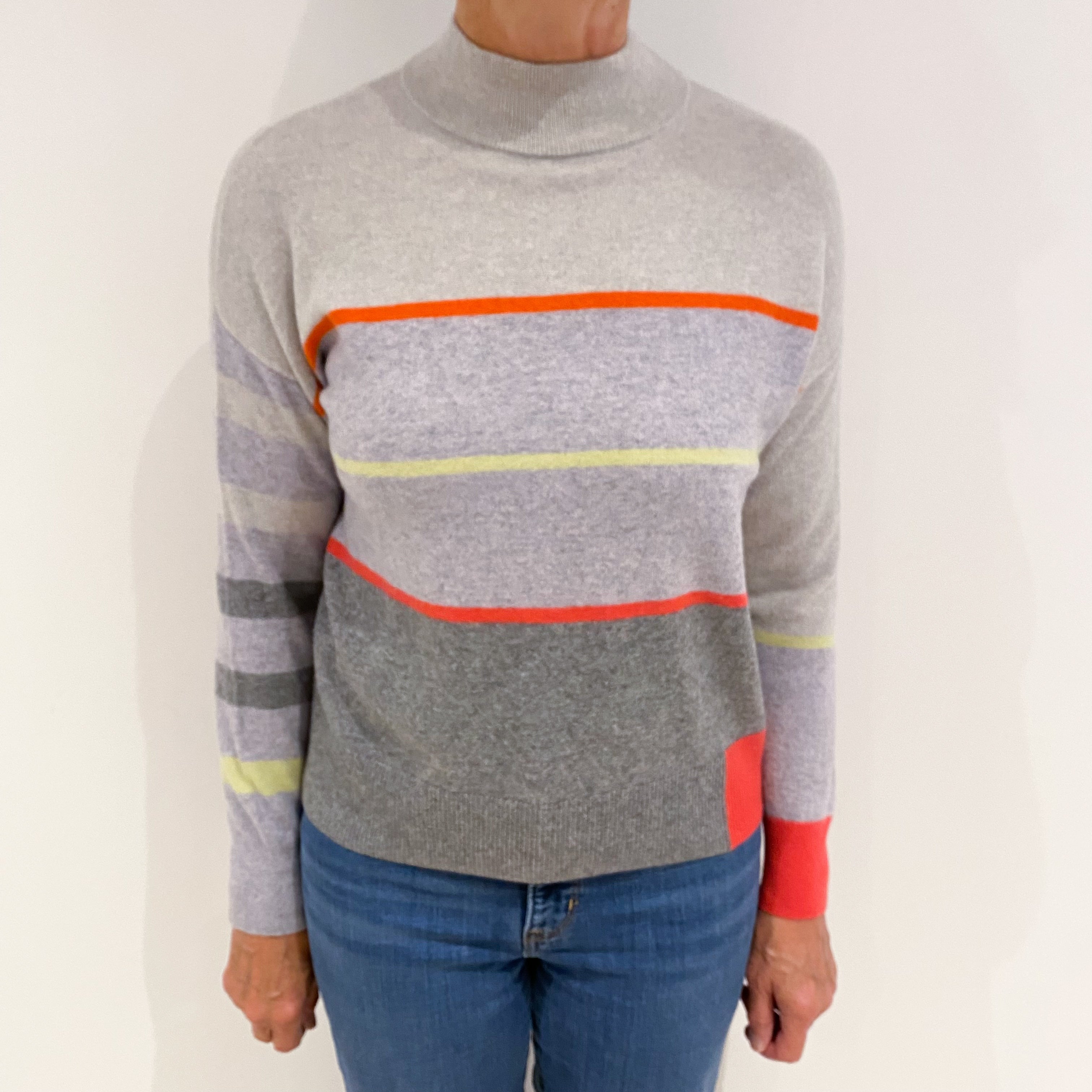 Grey and Orange Striped Cashmere Turtle Neck Jumper Medium
