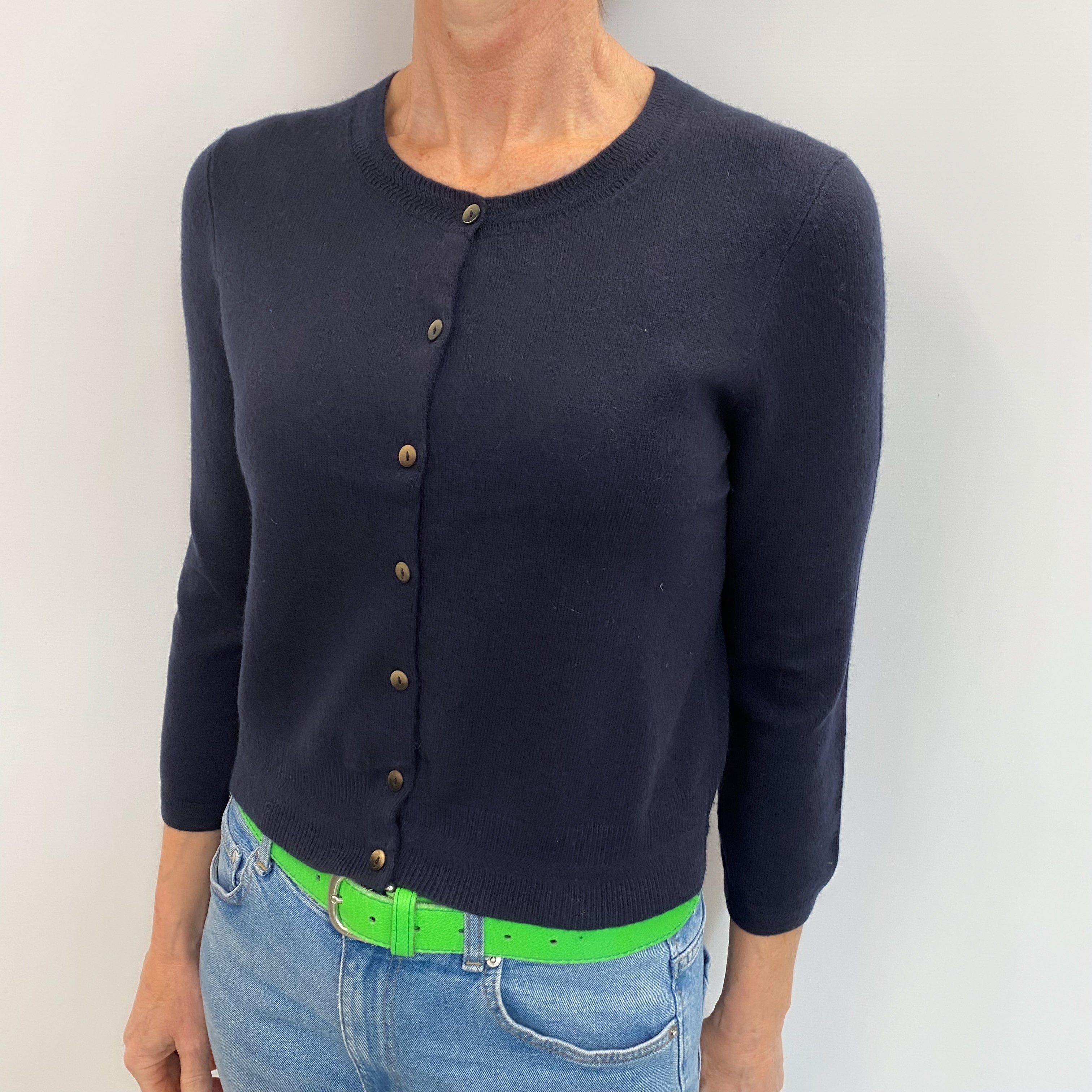 Navy Cashmere Crew Neck Cropped Cardigan Small