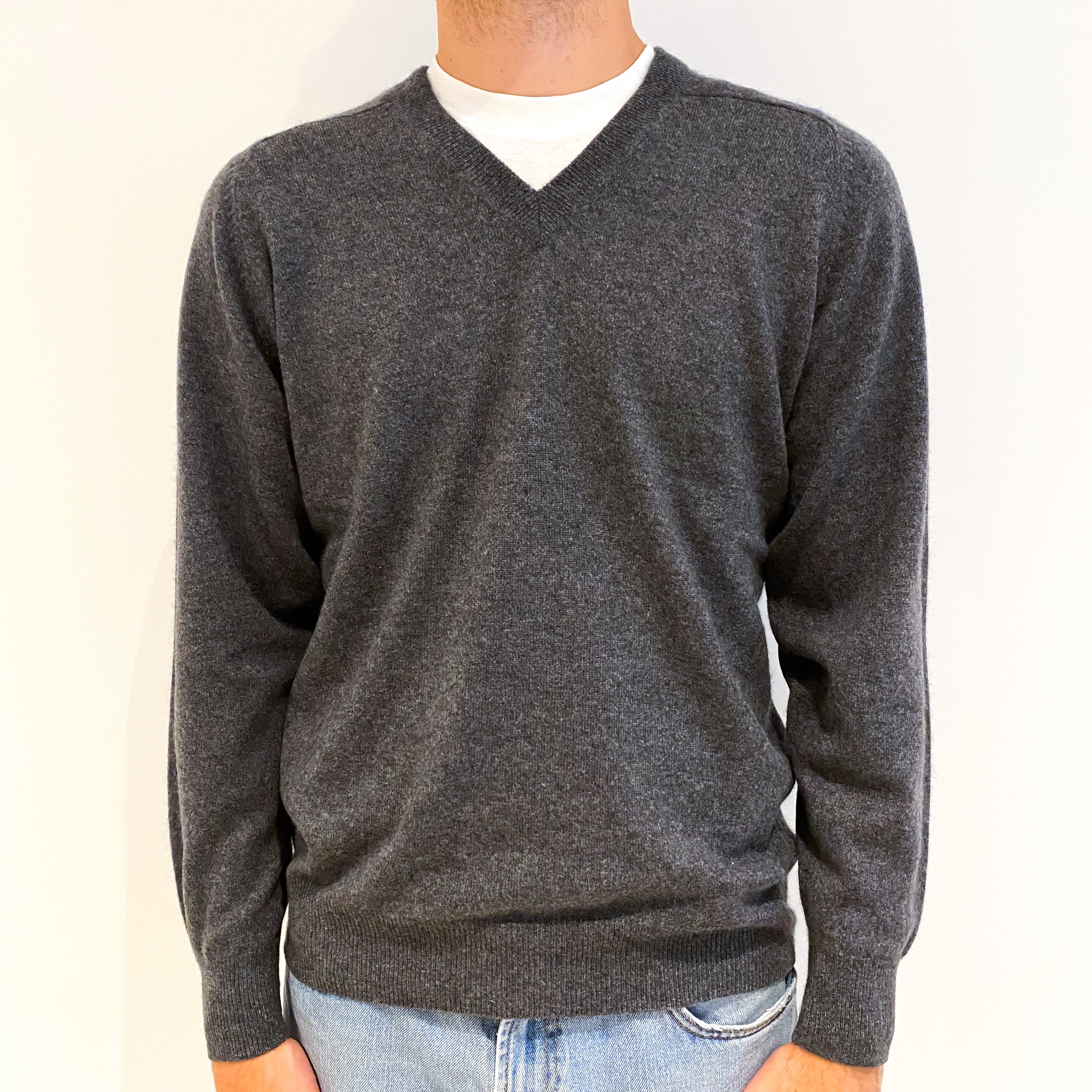 Men's Slate Grey Cashmere V-Neck Jumper Large