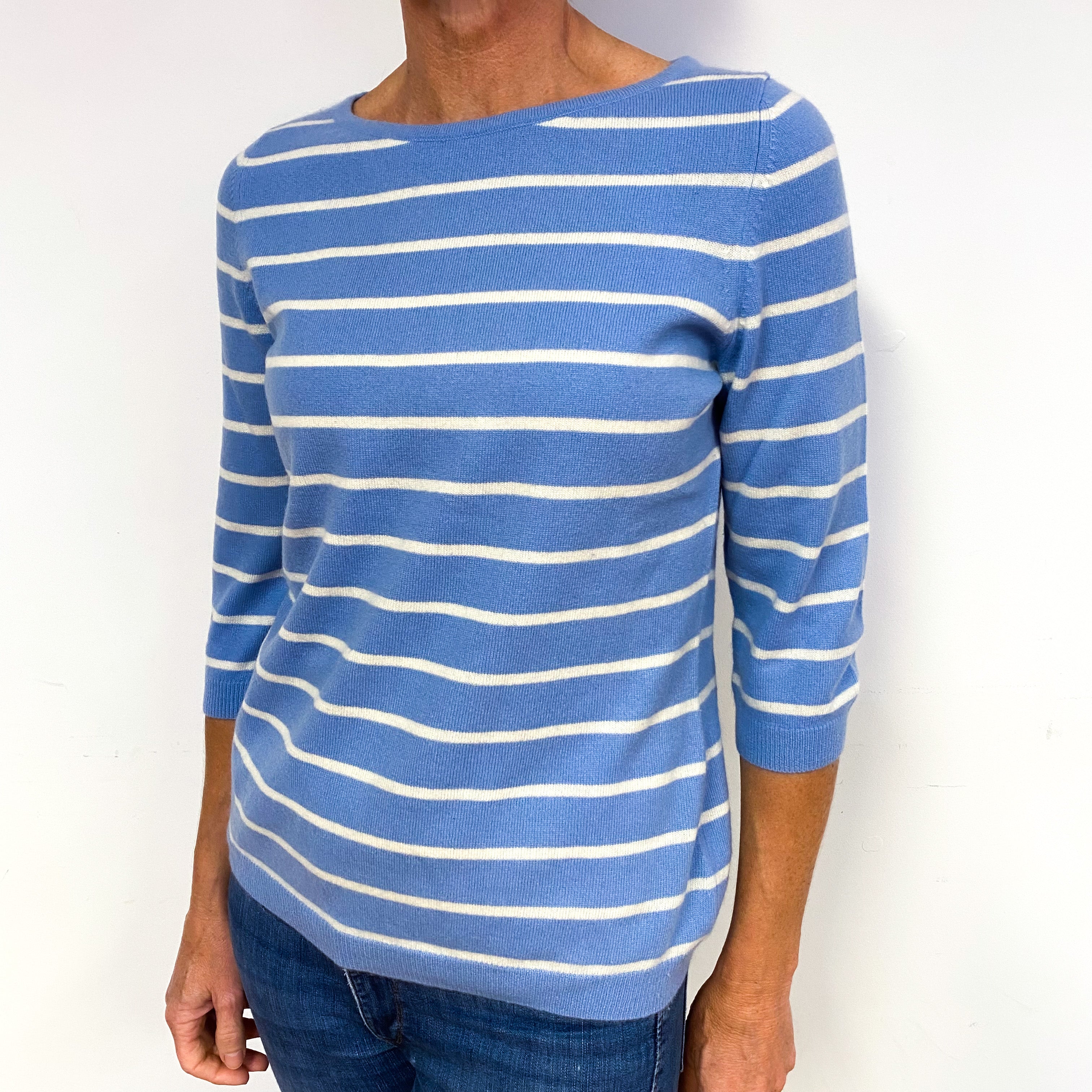 Sky Blue and Cream Striped 3/4 Sleeve Cashmere Crew Neck Jumper Medium