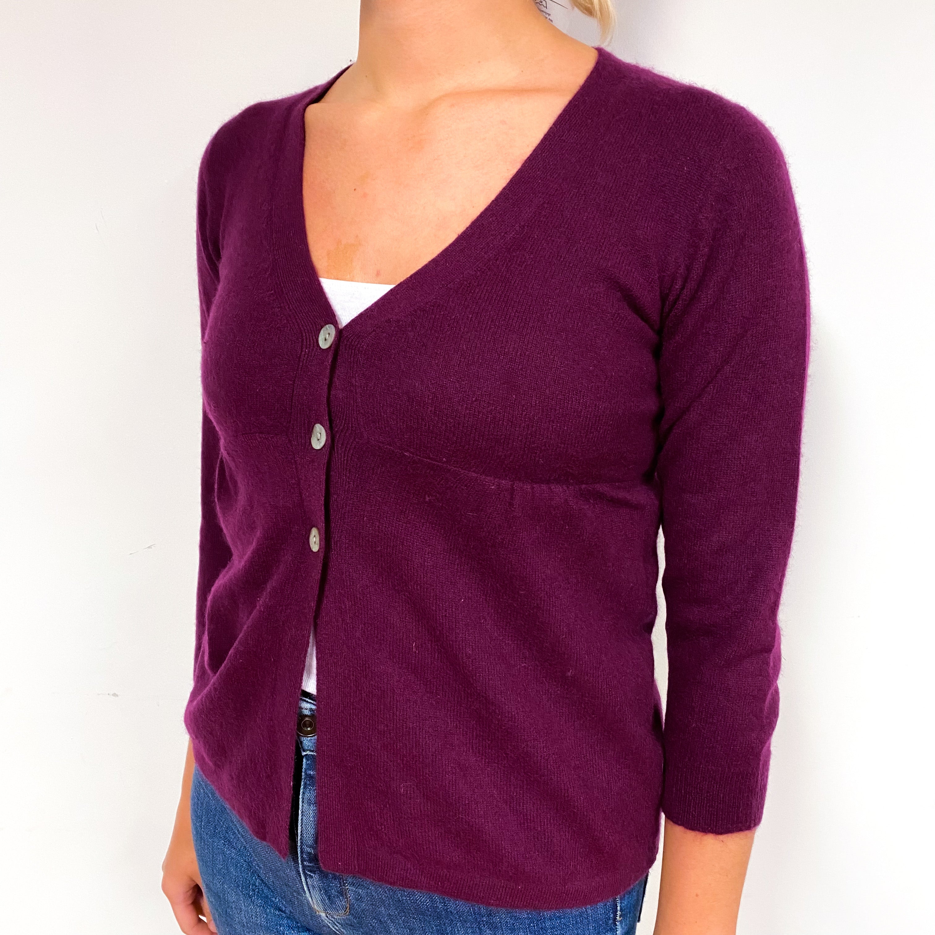 Aubergine Purple Cashmere Empire V-Neck Cardigan Small