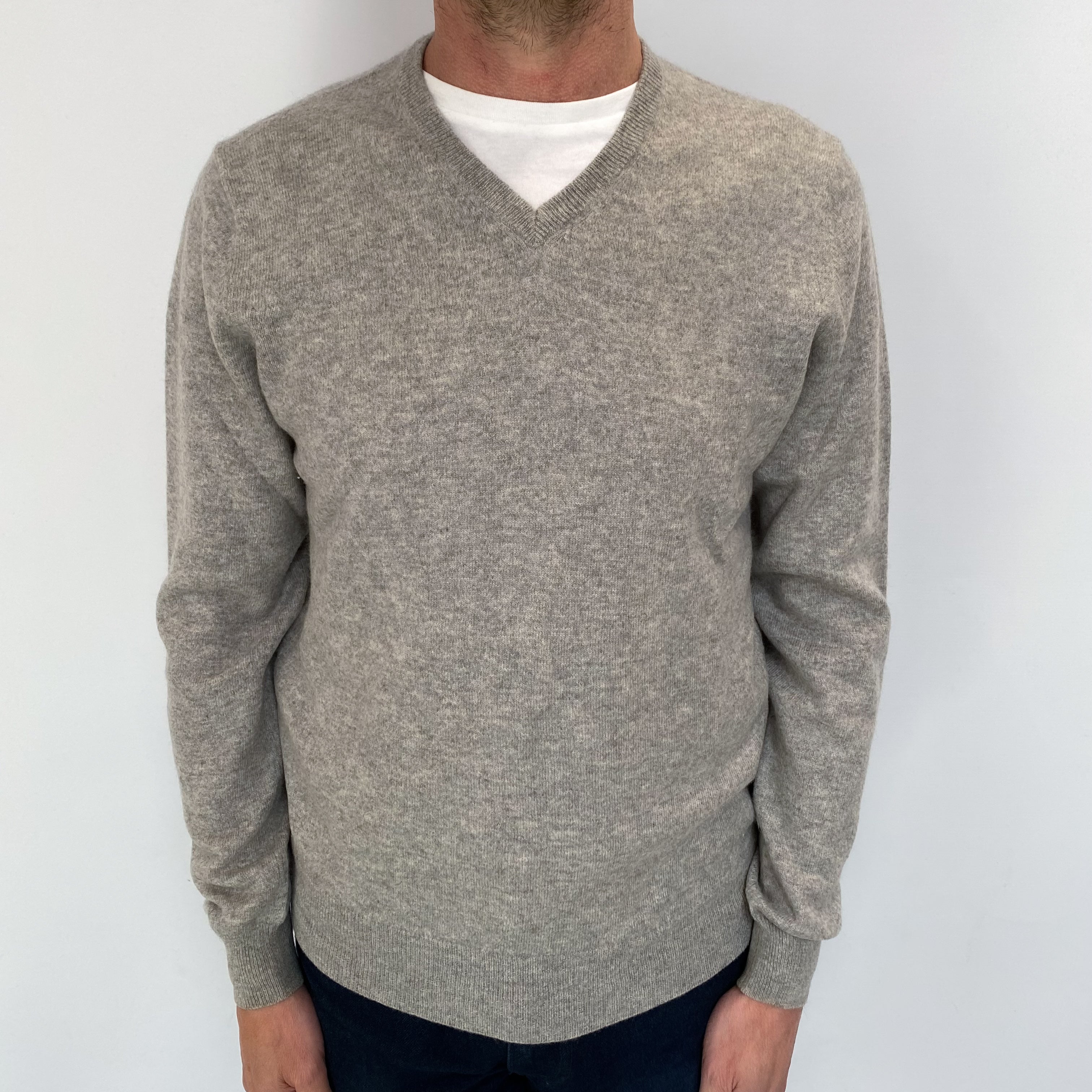 Men's Smoke Grey Cashmere V Neck Jumper Small