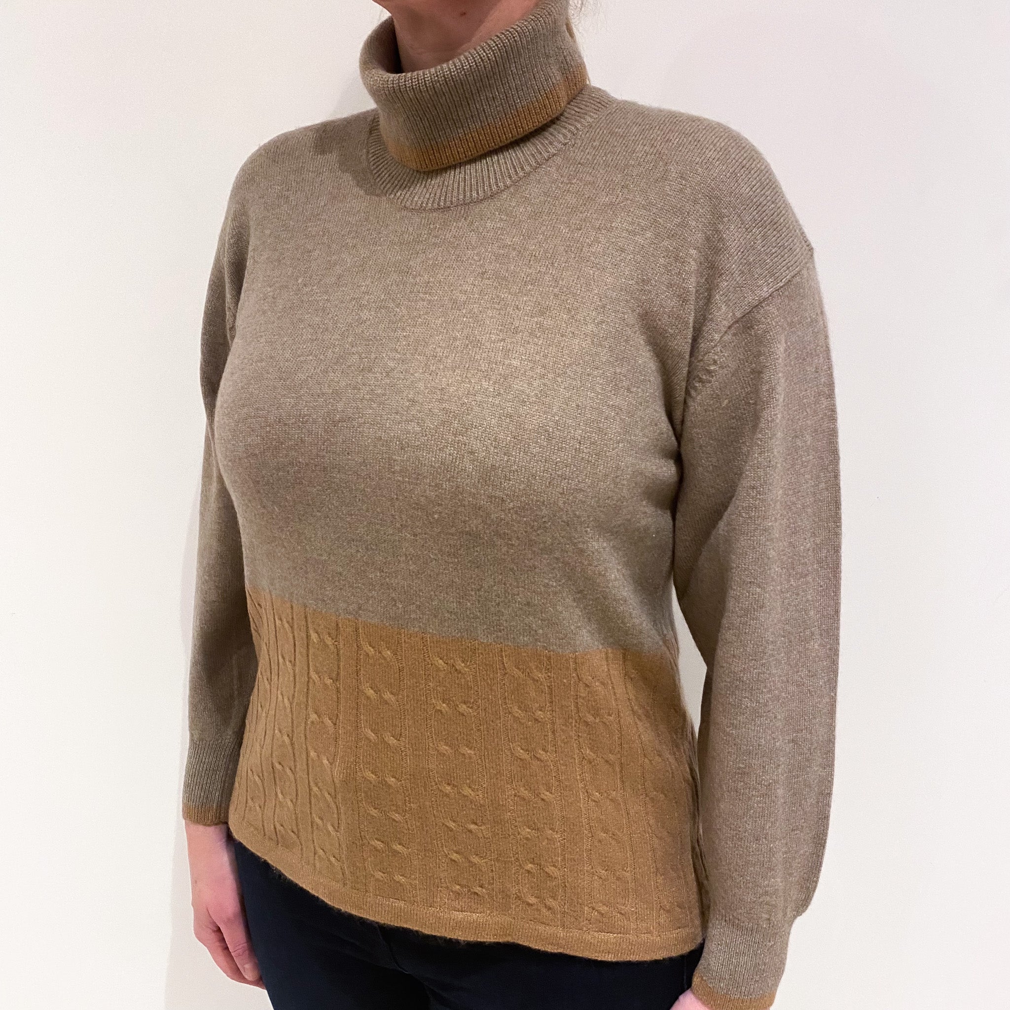 Taupe and Butterscotch Cashmere Polo Neck Jumper Large