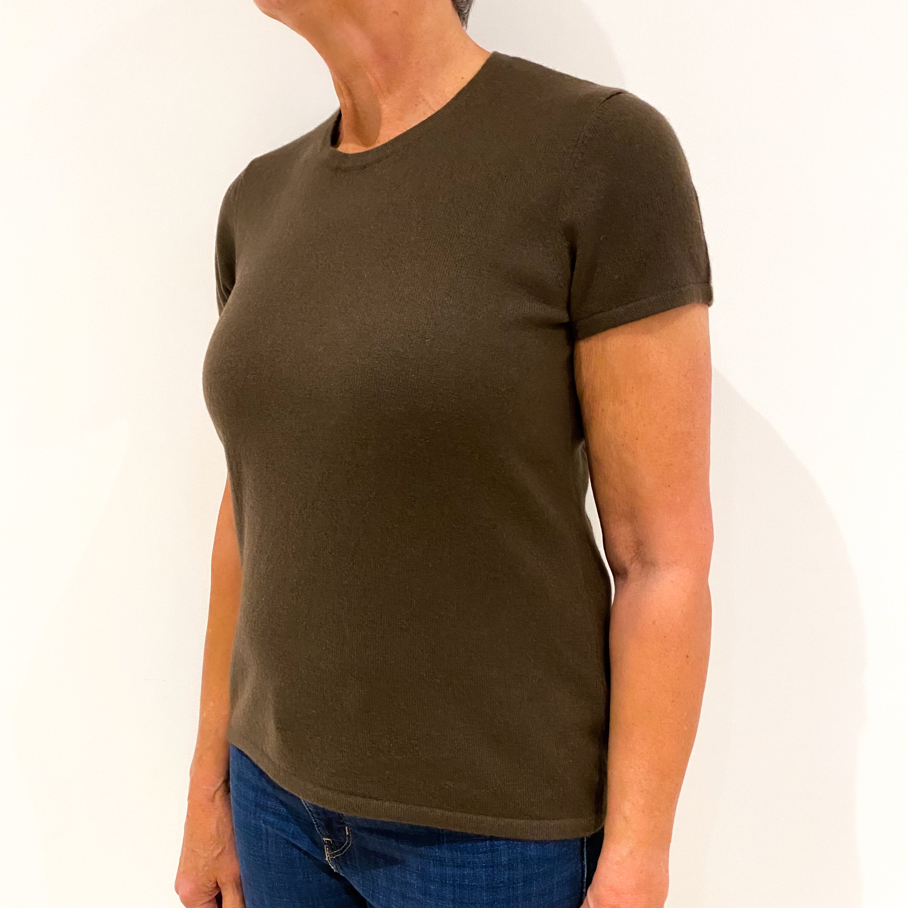 Mocha Brown Short Sleeved Cashmere Crew Neck Jumper Medium