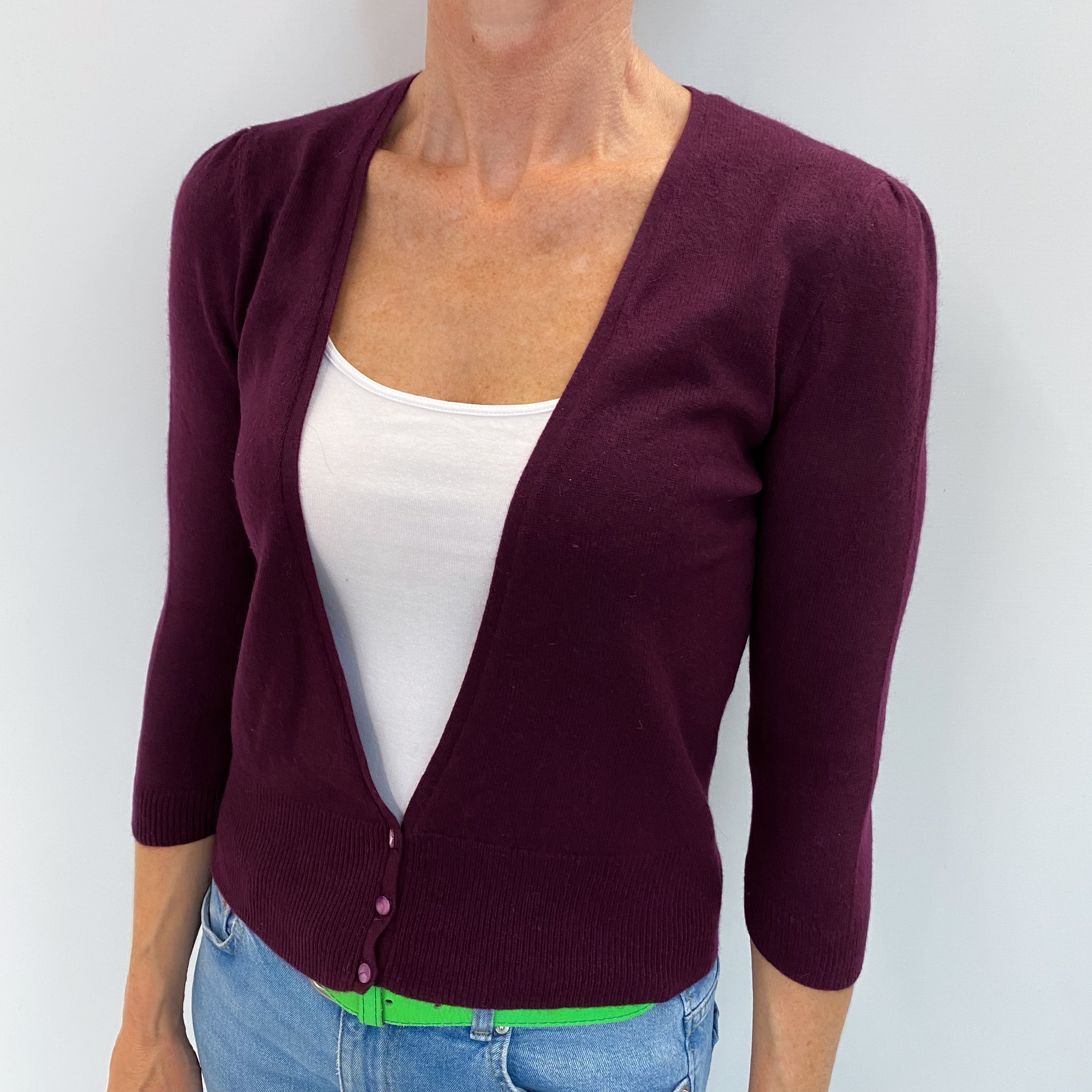 Aubergine Purple Cashmere V Neck Cardigan Small
