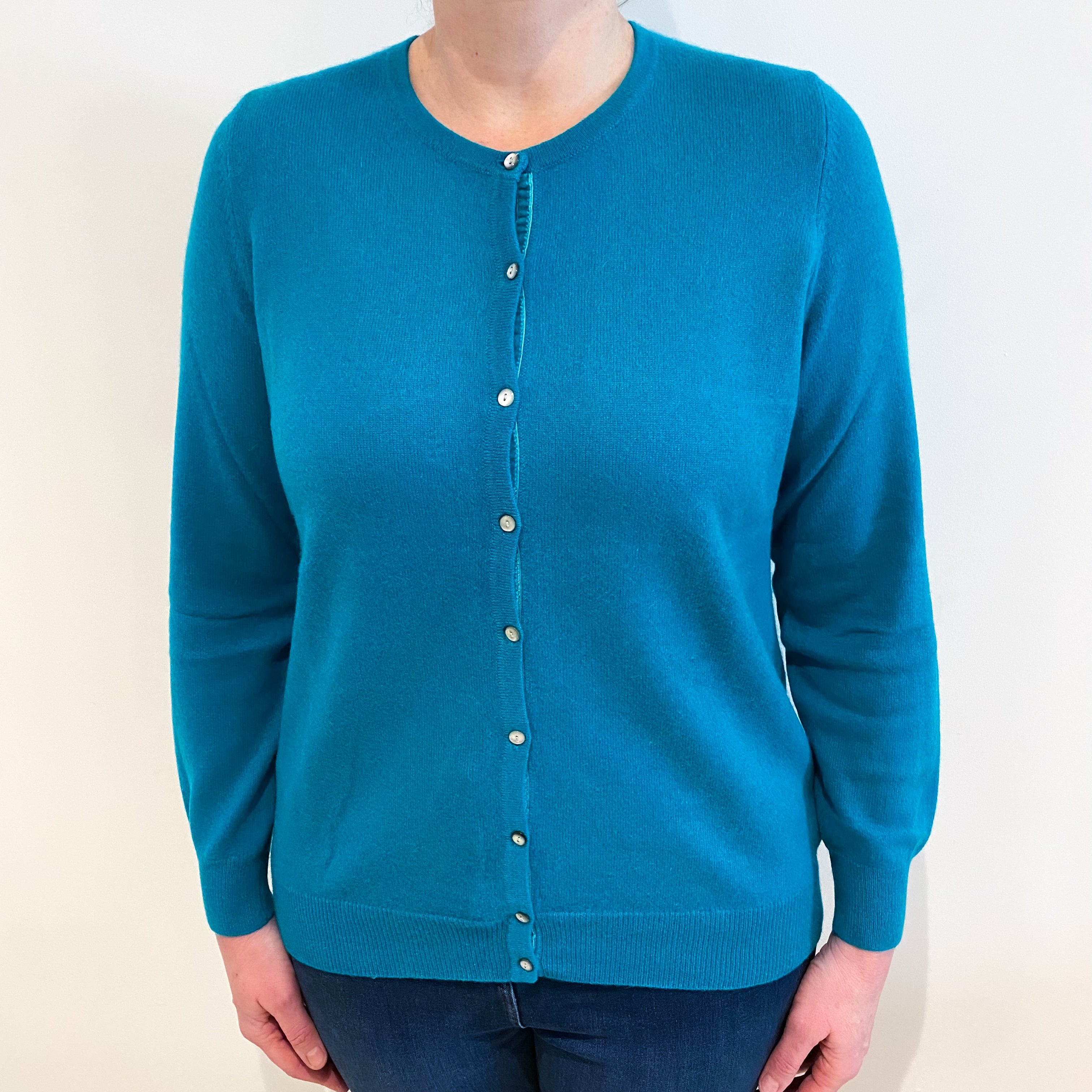 Bright Teal Green Cashmere Crew Neck Cardigan Large
