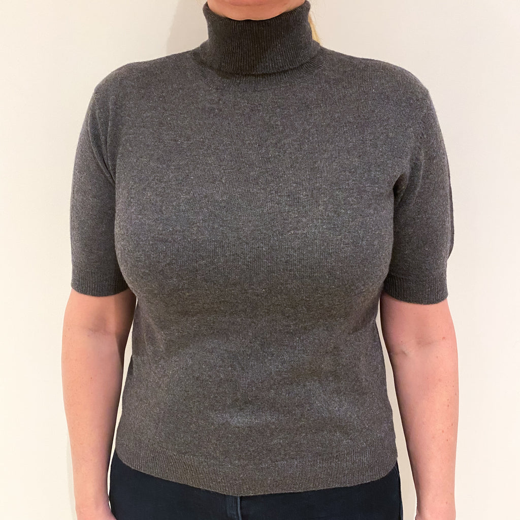 Slate Grey Cashmere Short Sleeved Polo Neck Jumper Large
