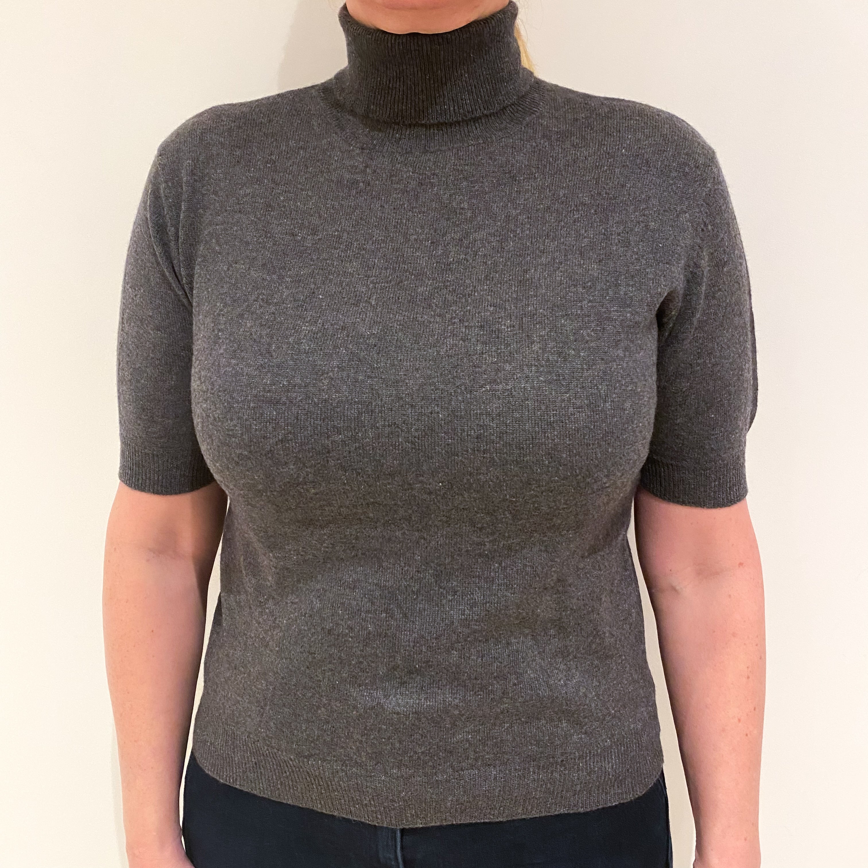 Slate Grey Cashmere Short Sleeved Polo Neck Jumper Large