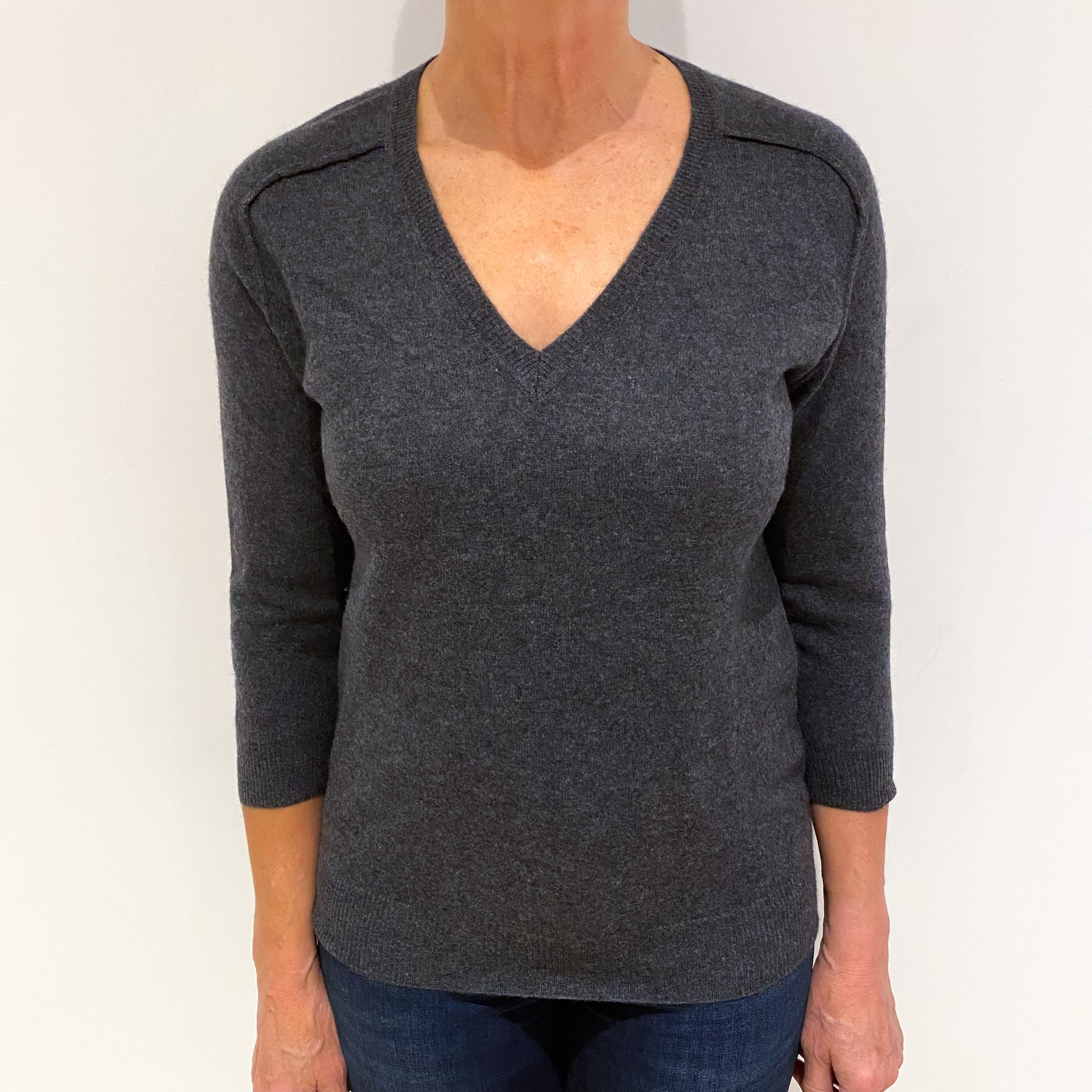 Charcoal Grey 3/4 Sleeve Cashmere V Neck Jumper Medium