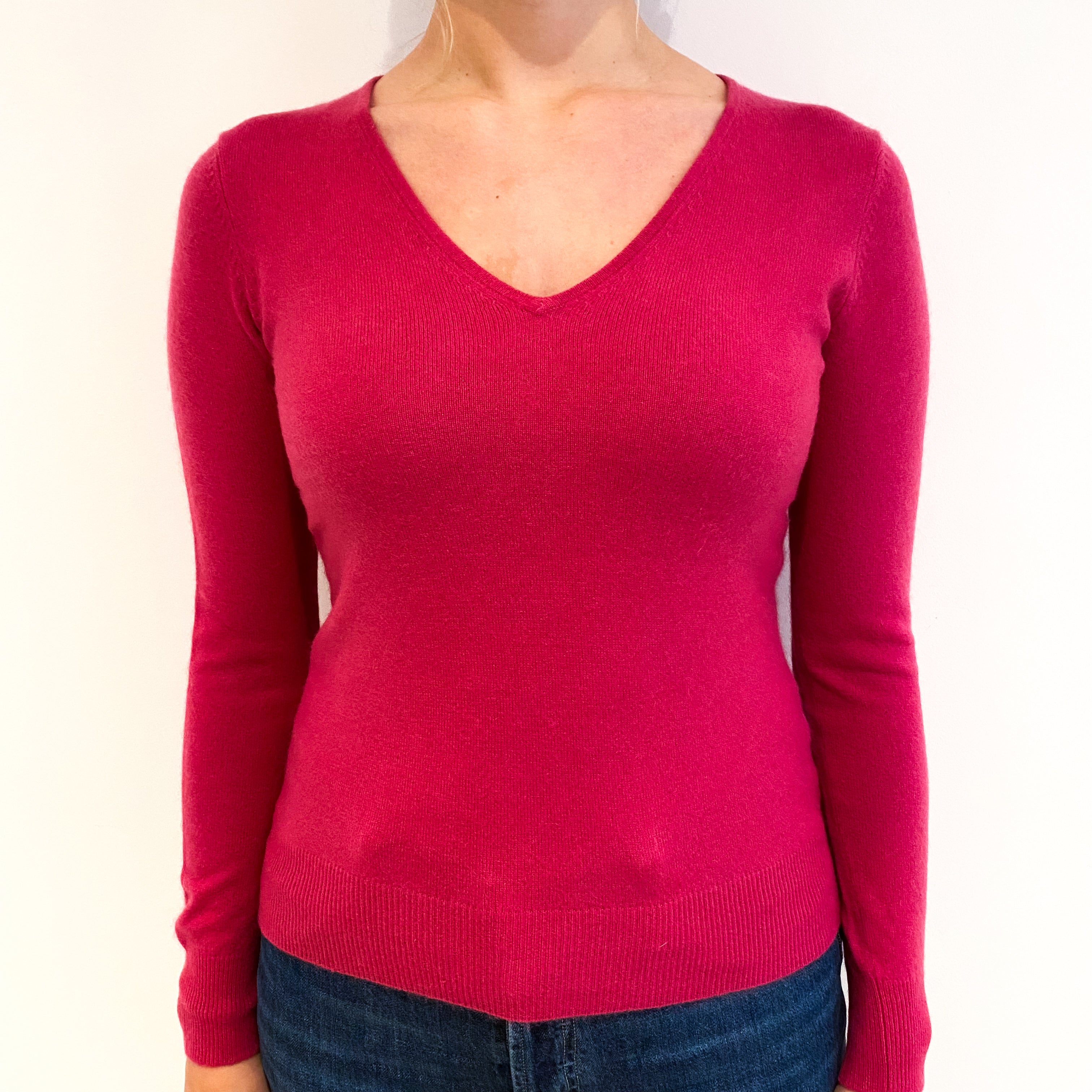 Raspberry Pink Cashmere V Neck Jumper Small