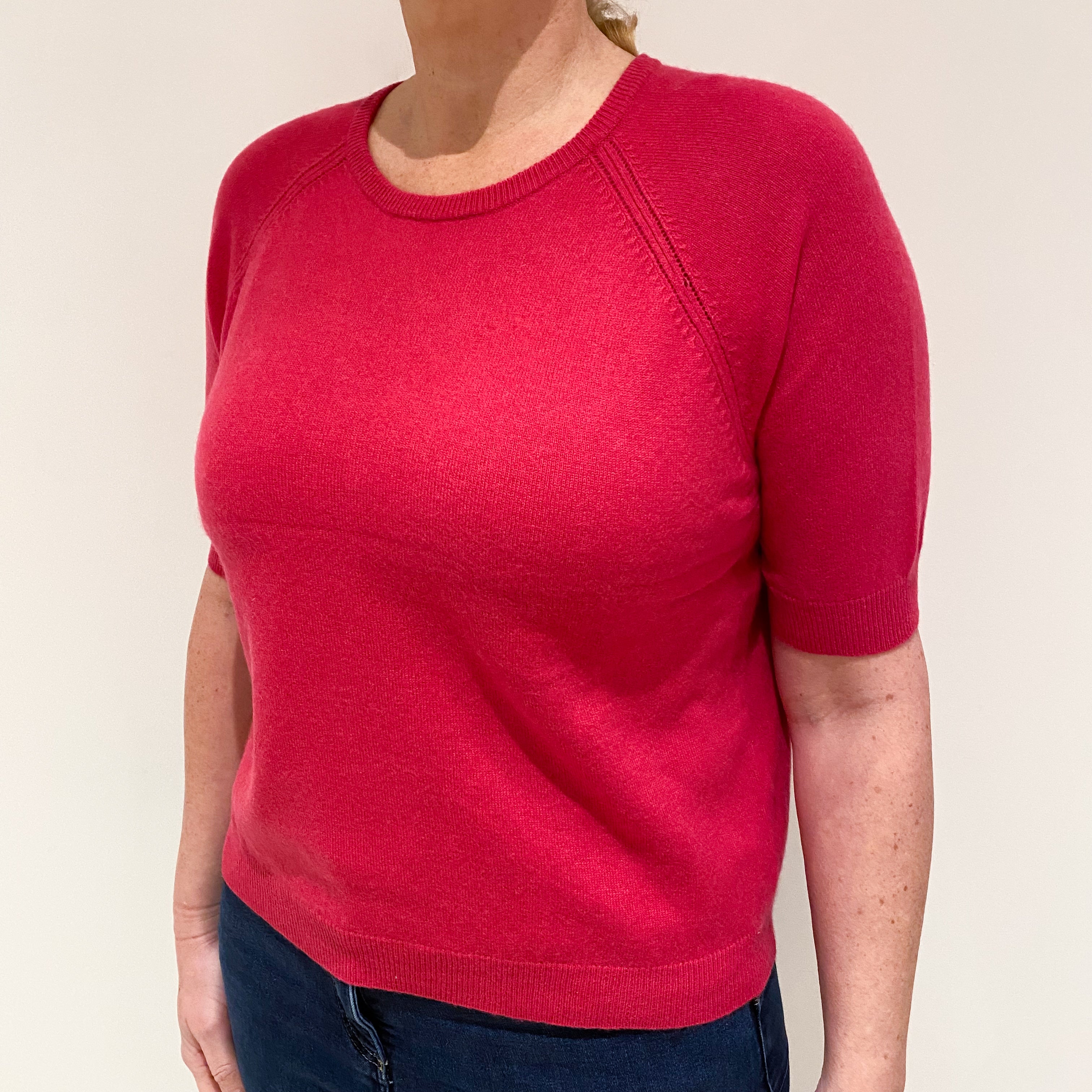 Cherry Pink Cashmere Short Sleeved Crew Neck Jumper Large