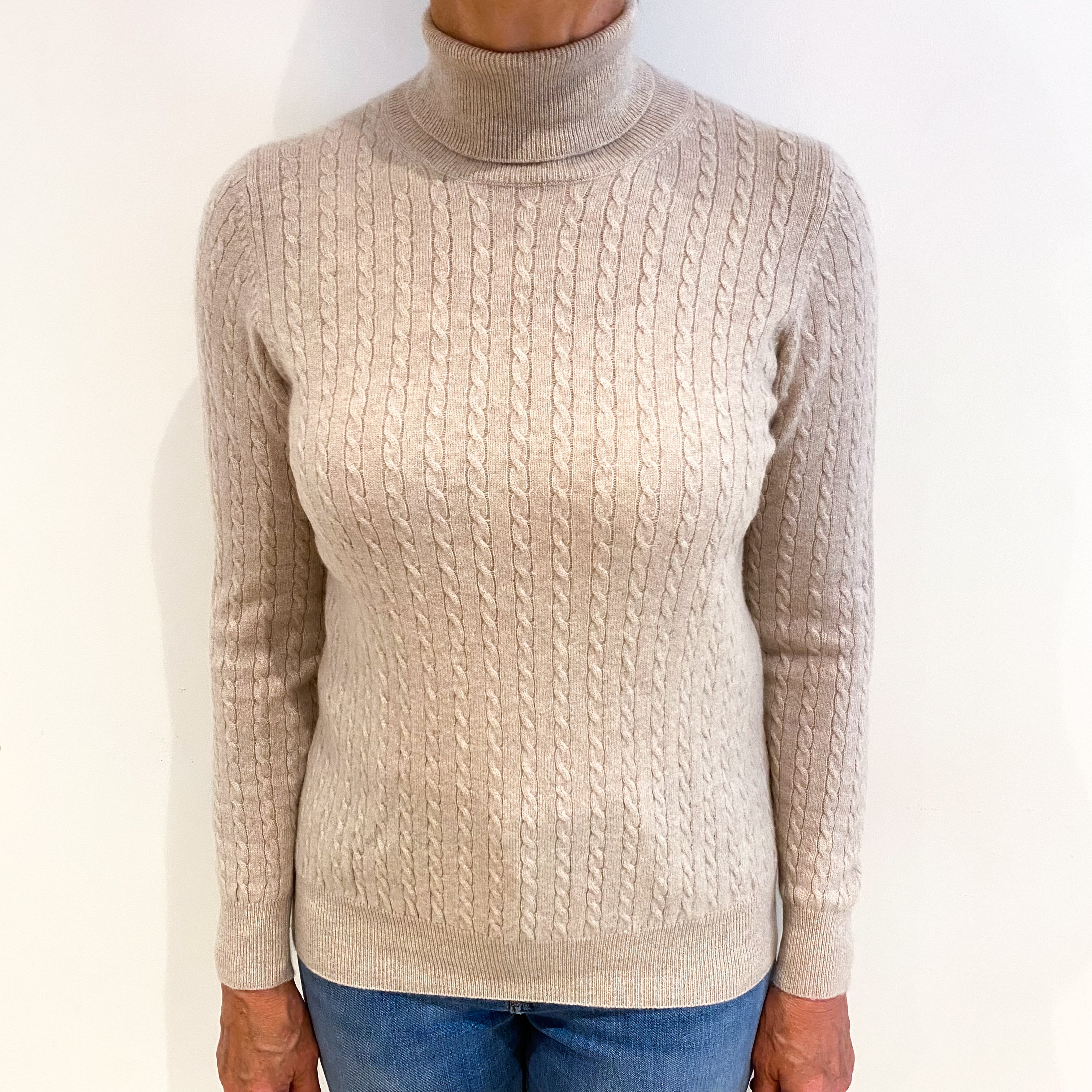 Fawn Beige Cashmere Polo Neck Jumper Medium