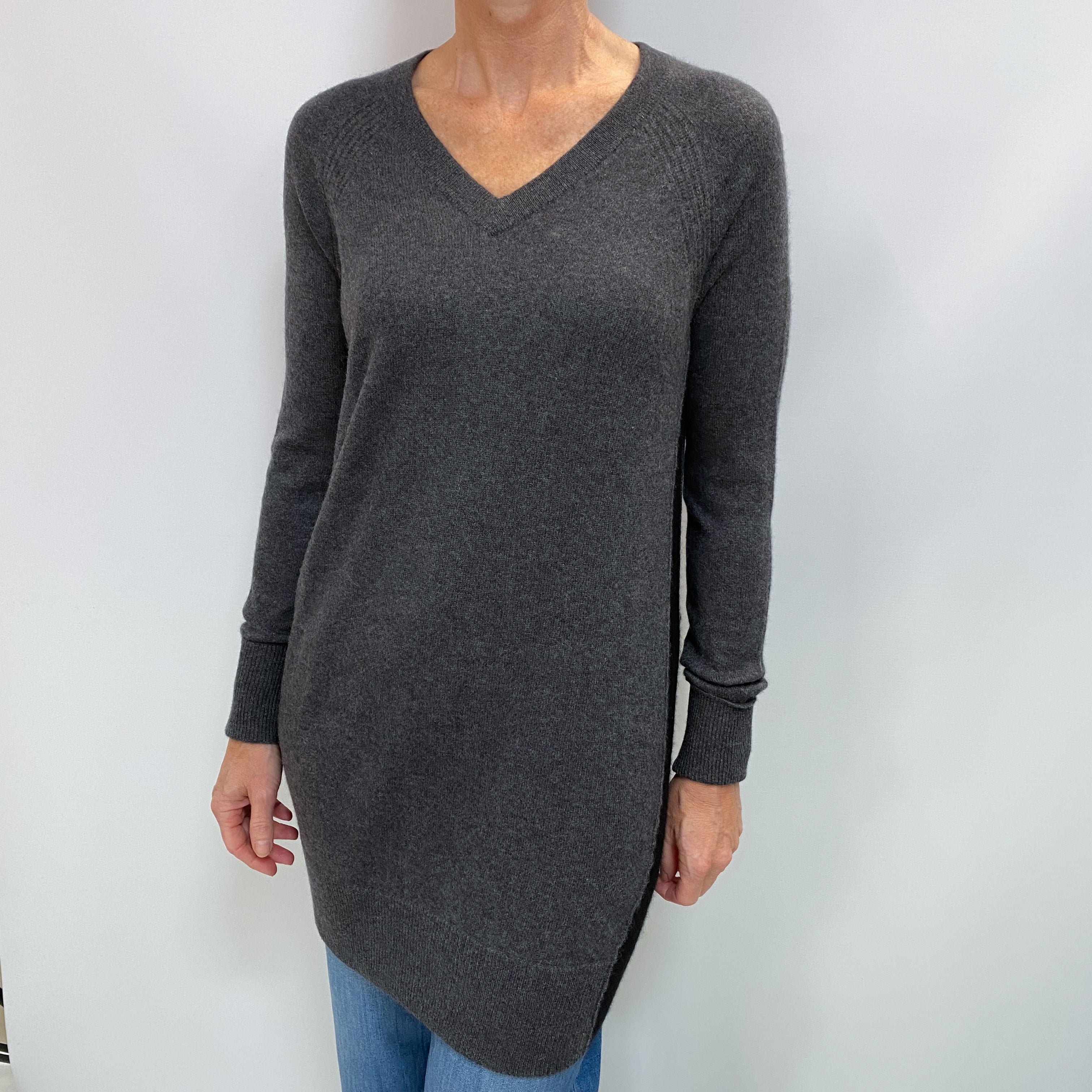 Dark Grey and Black Cashmere V Neck Tunic Jumper Small