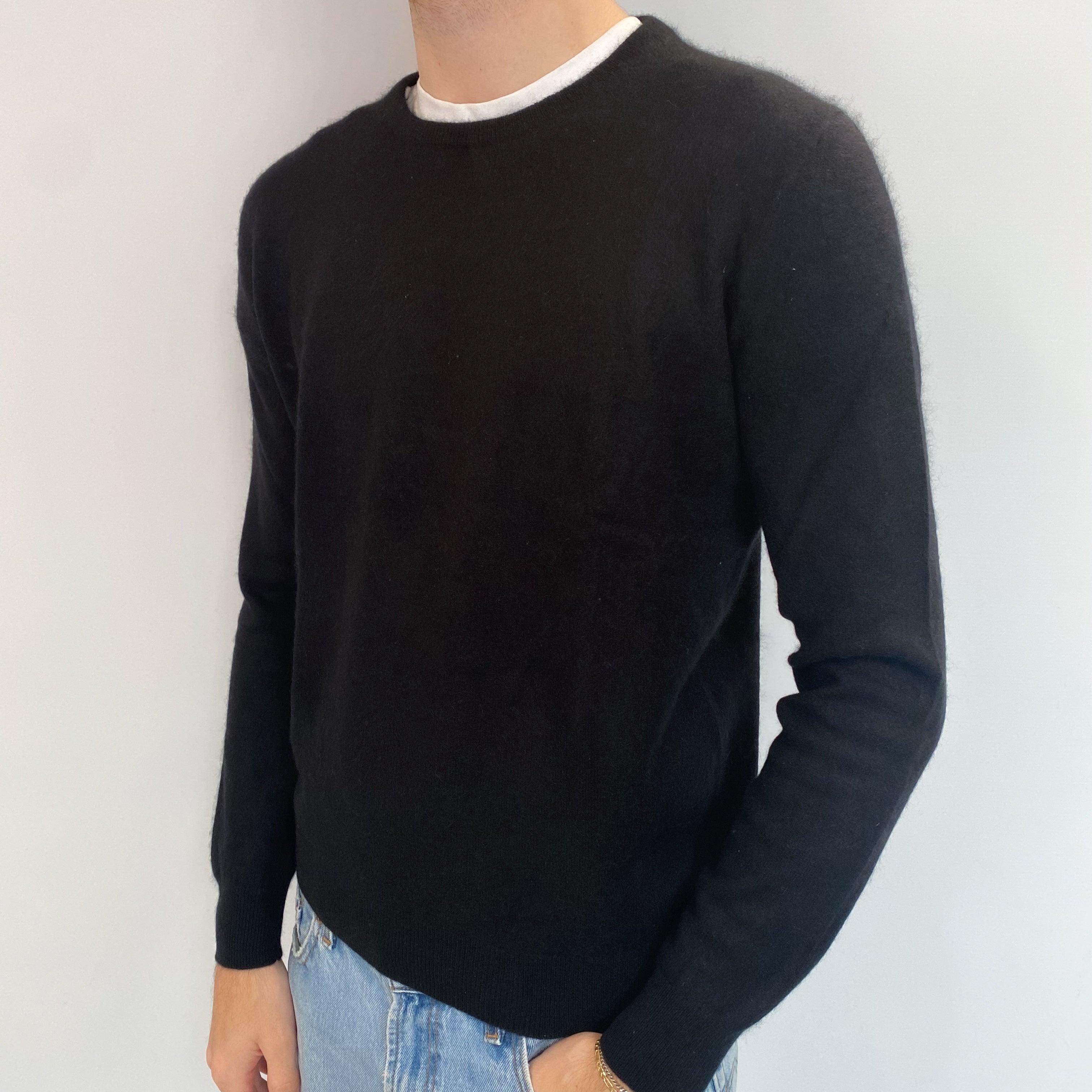Men's Black Cashmere Crew Neck Jumper Medium