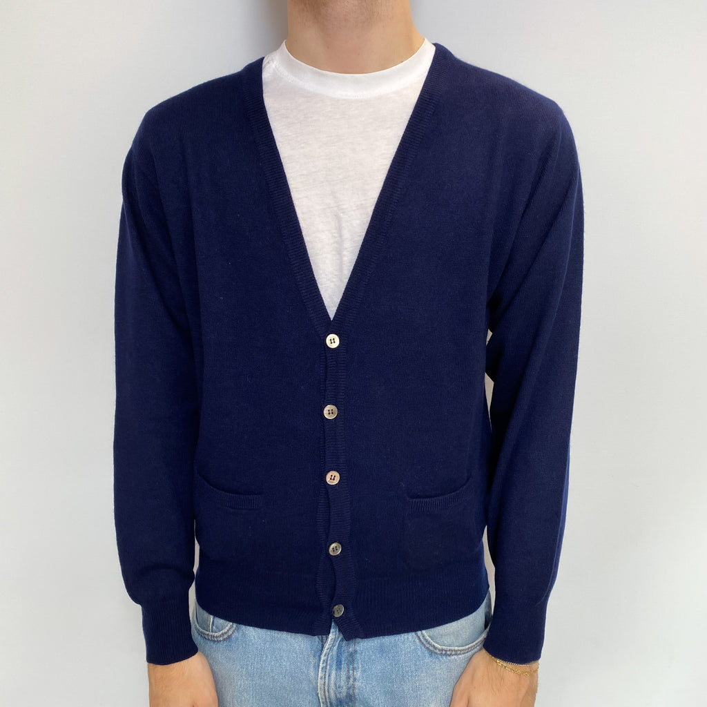 Men's Navy Blue Cashmere V Neck Cardigan with pockets Large
