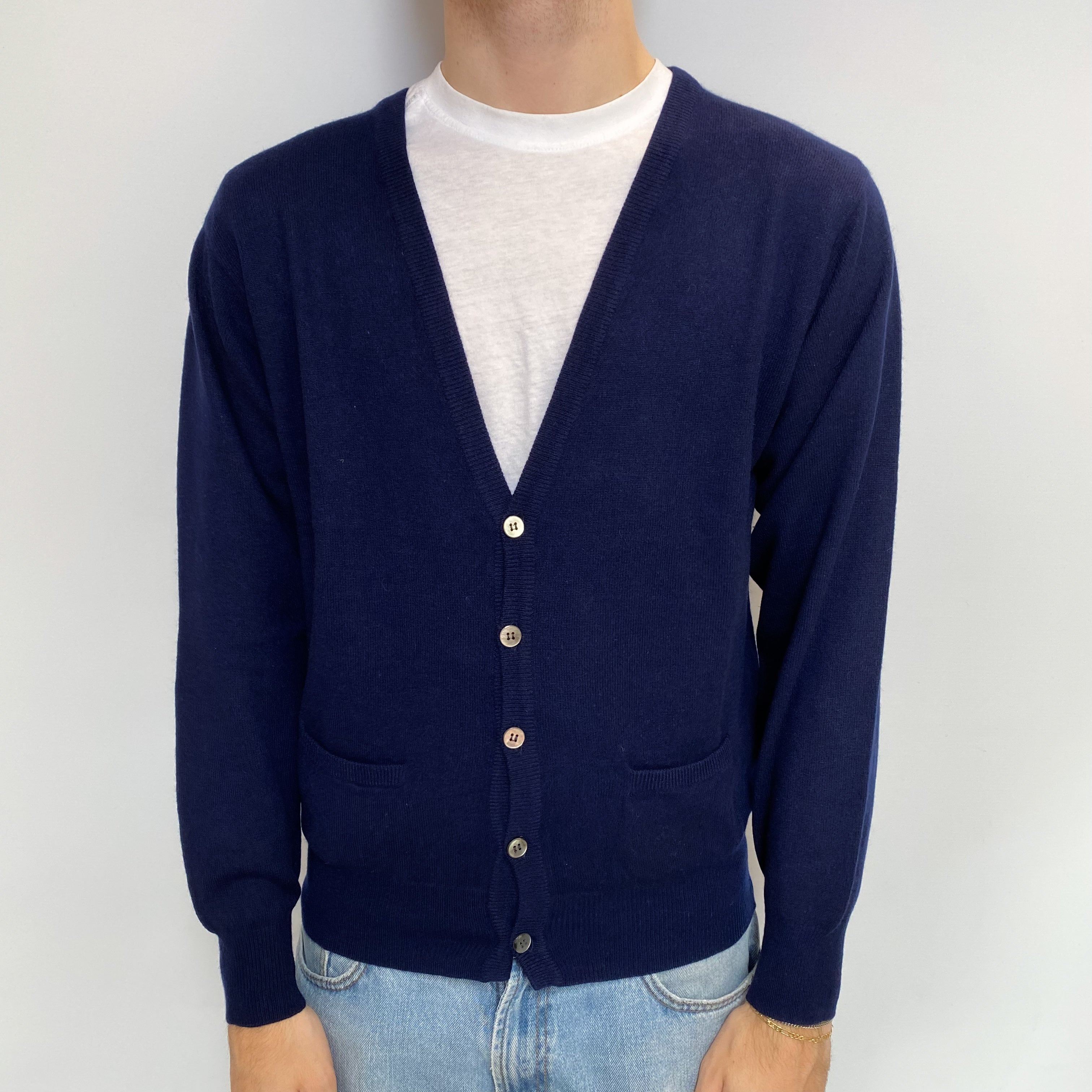 Men's Navy Blue Cashmere V Neck Cardigan with pockets Large