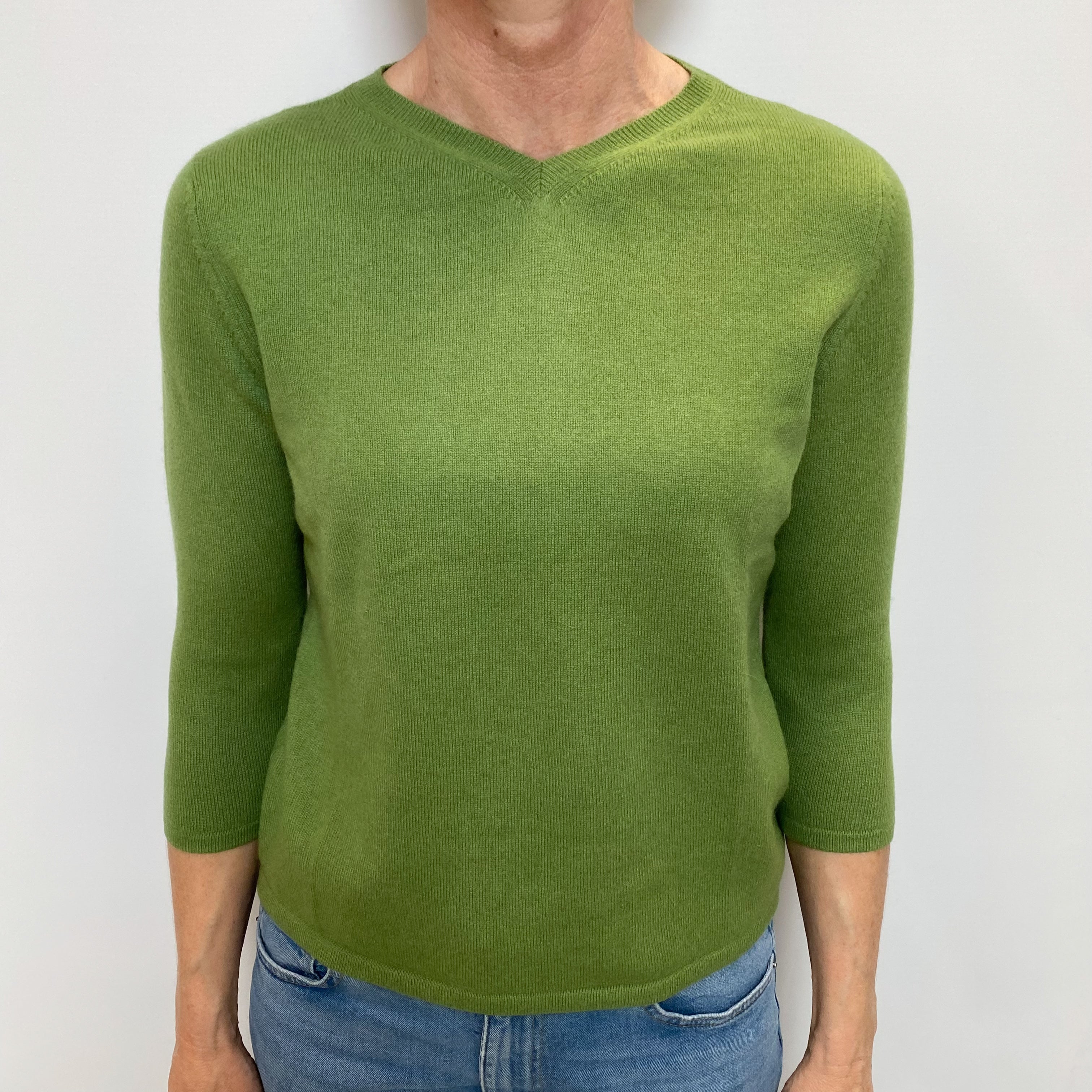 Pear Green Cashmere High V Neck Jumper Small