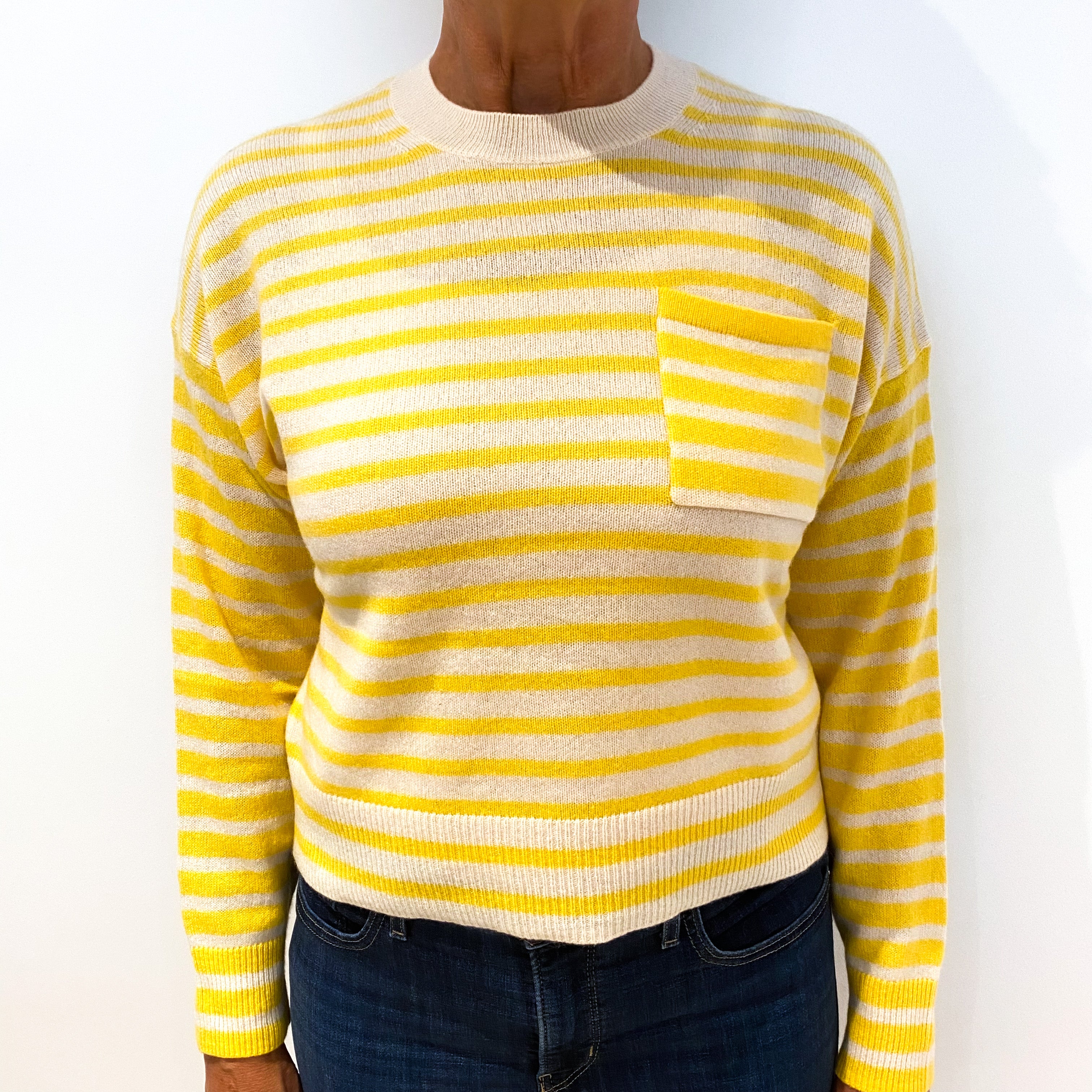 Cream Yellow Striped Boxy Cashmere Crew Neck Jumper Medium