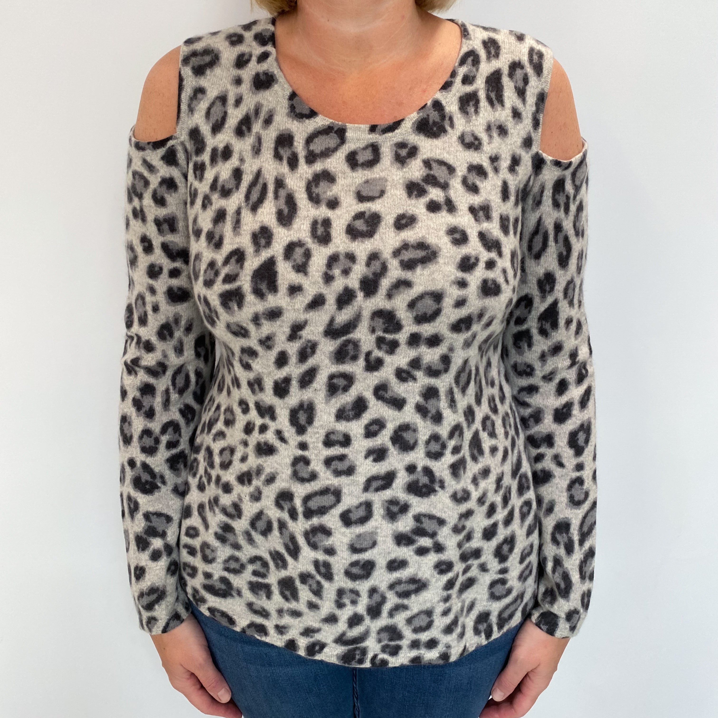 Grey Animal Print Cashmere Crew Neck Jumper Large