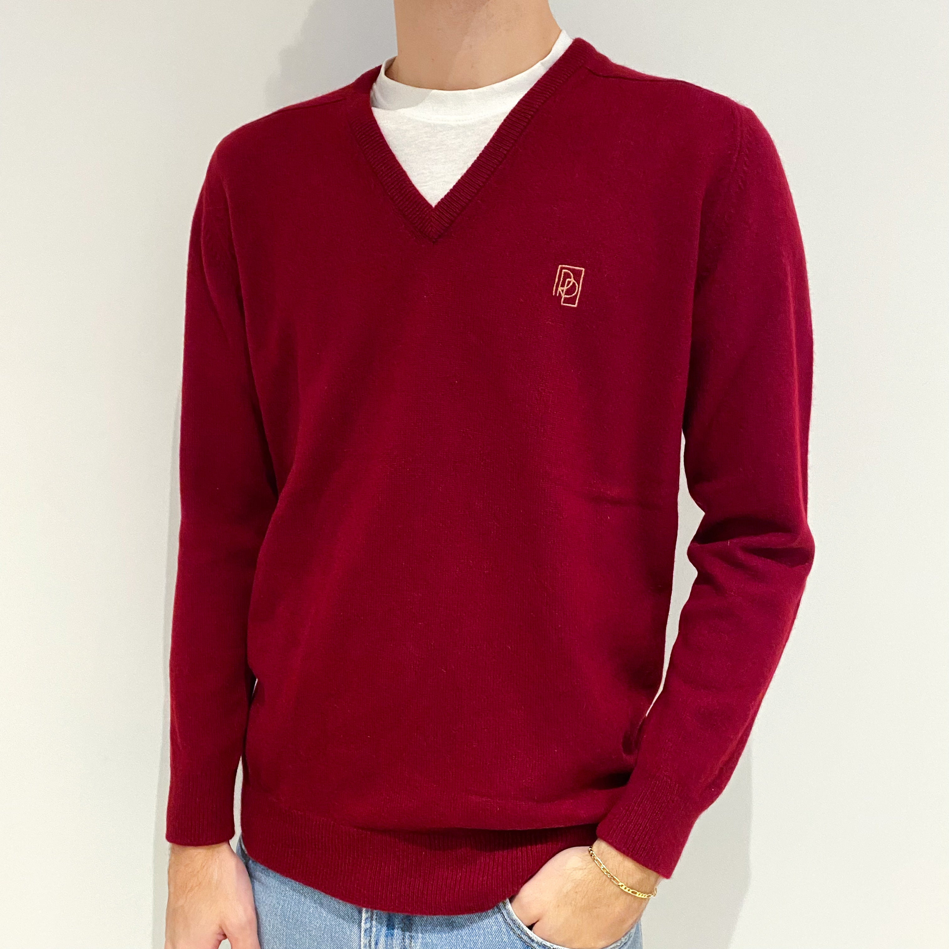 Men's Vintage Royal Pringle Crimson Red Cashmere V-Neck Jumper Large