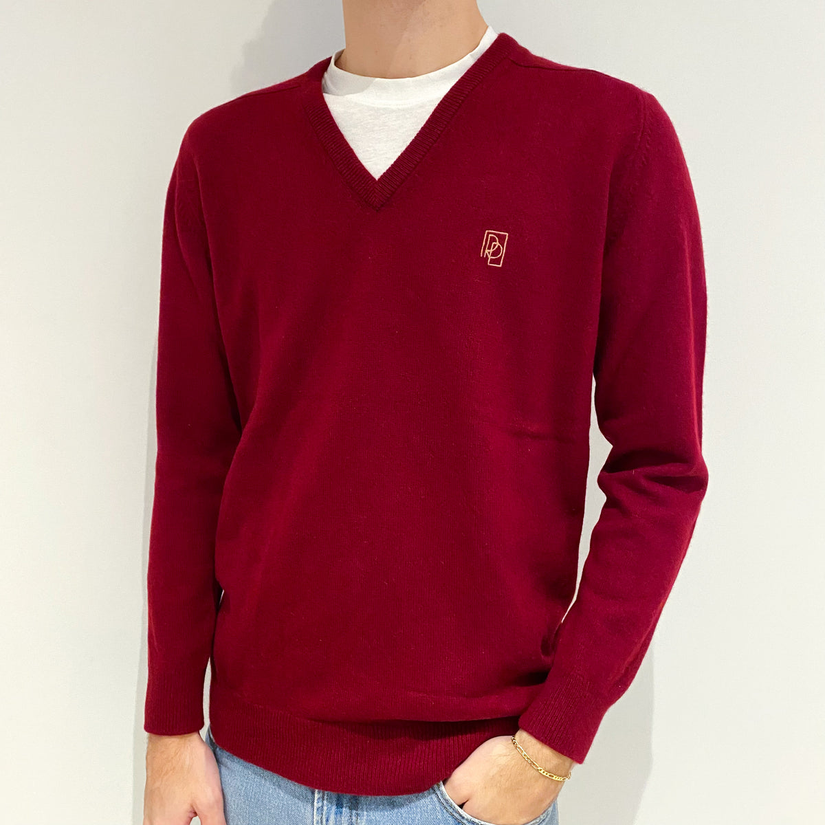 Men's Vintage Royal Pringle Crimson Red Cashmere V-Neck Jumper Large