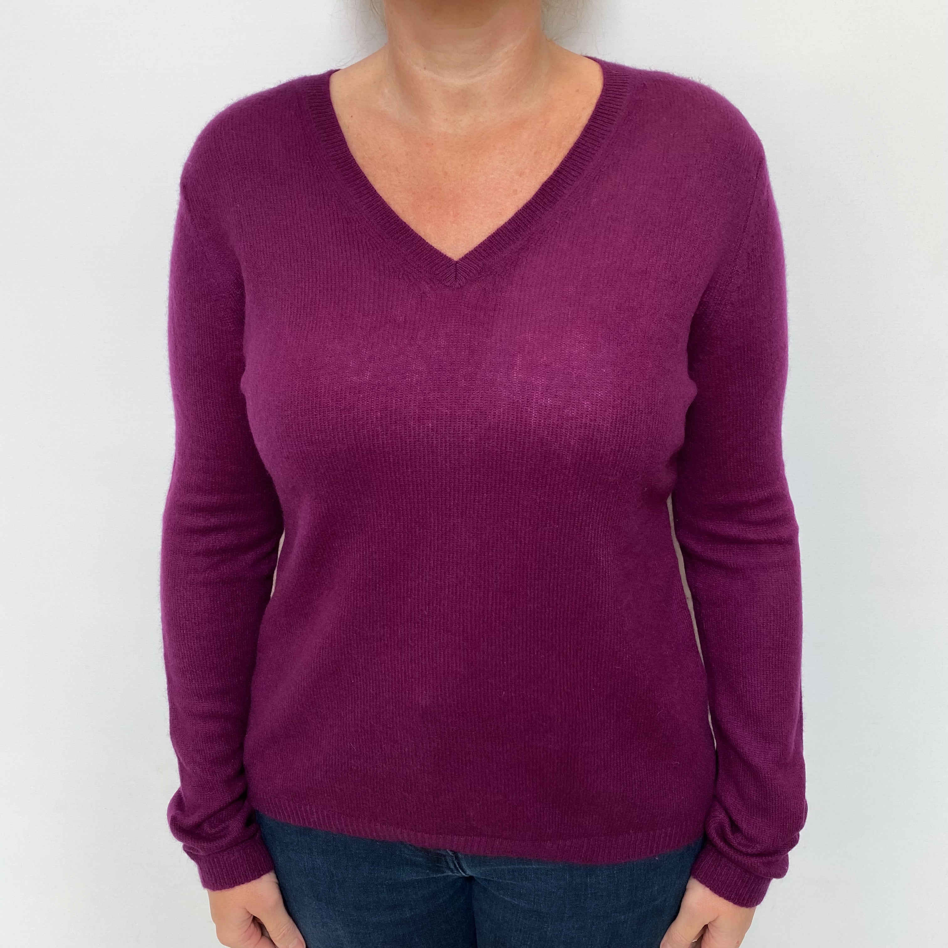 Plum Purple Cashmere V Neck Jumper Large