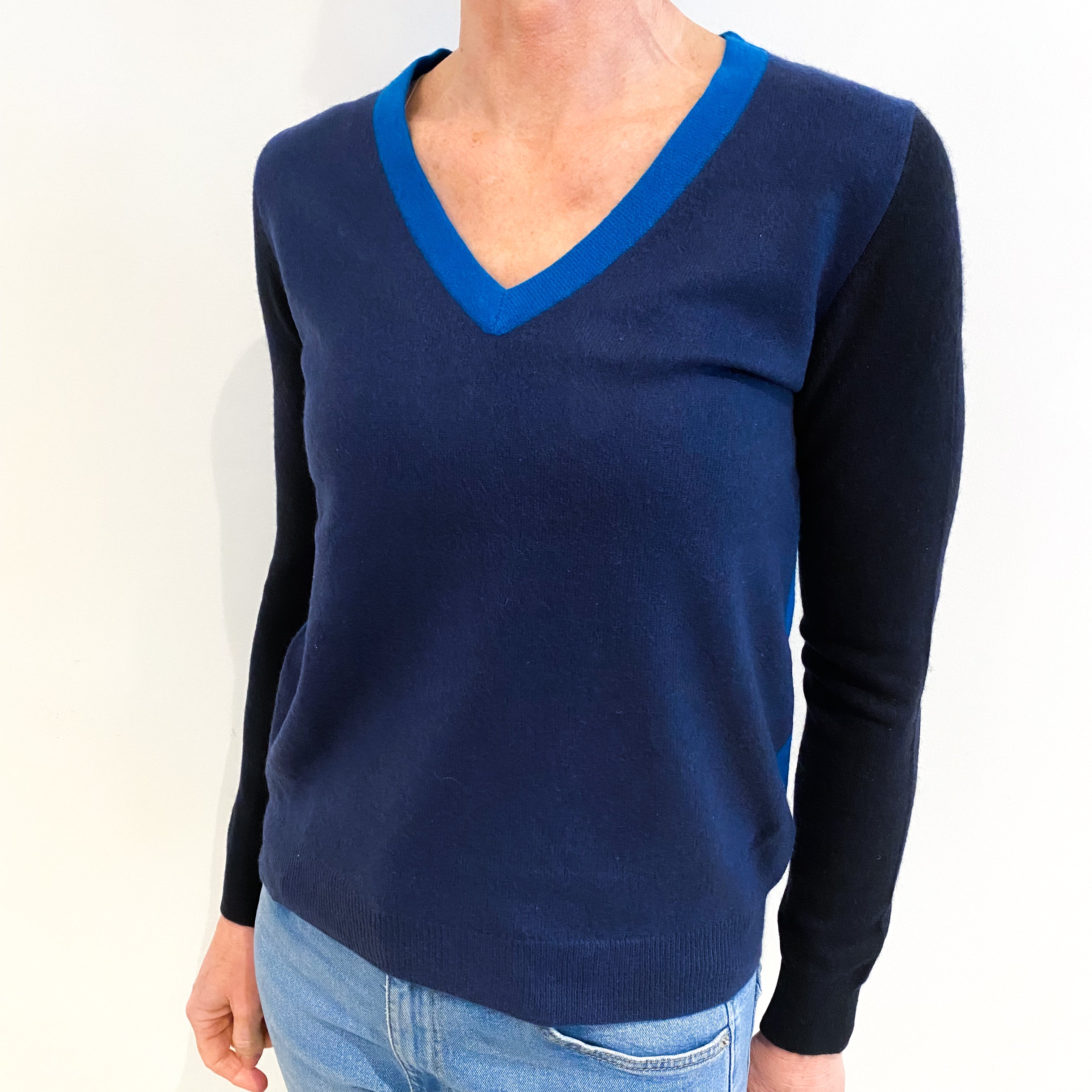Blue Colour Block Cashmere V Neck Jumper Small