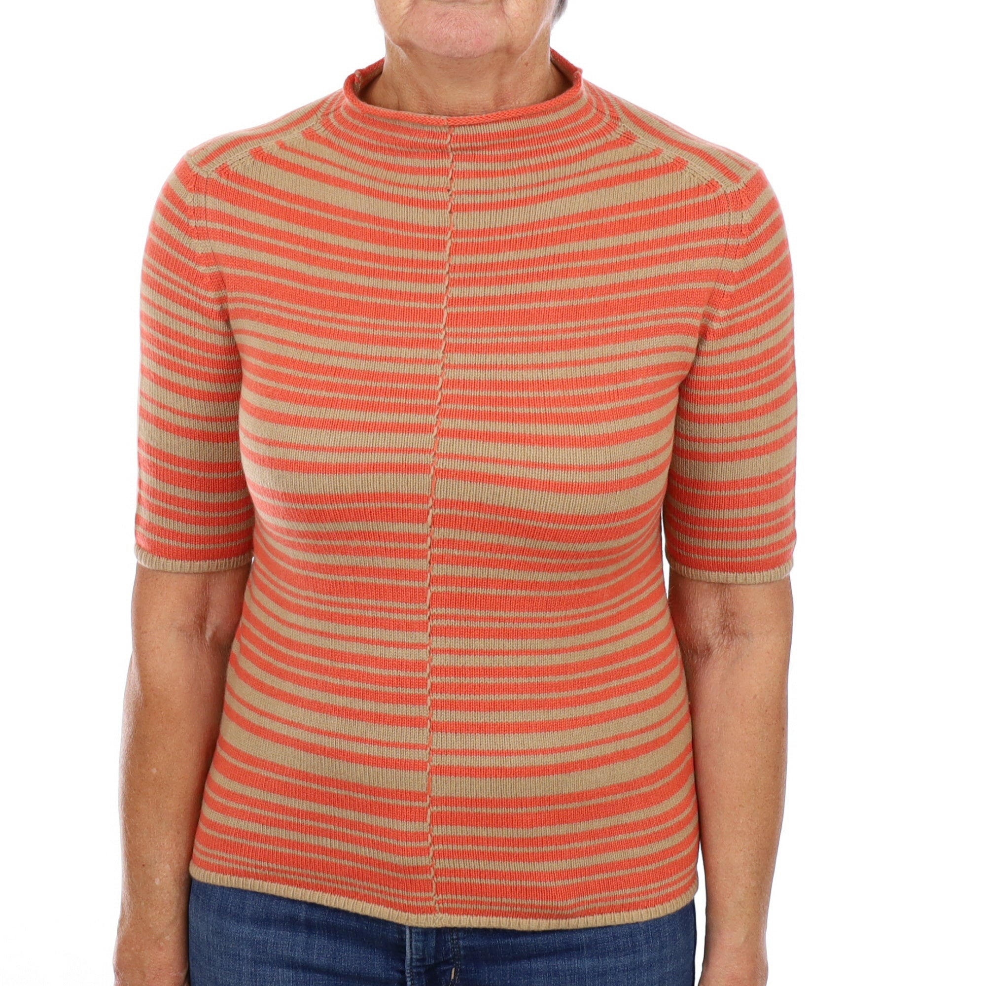 Orange and Caramel Striped Cashmere Funnel Neck Short Sleeve Jumper Medium