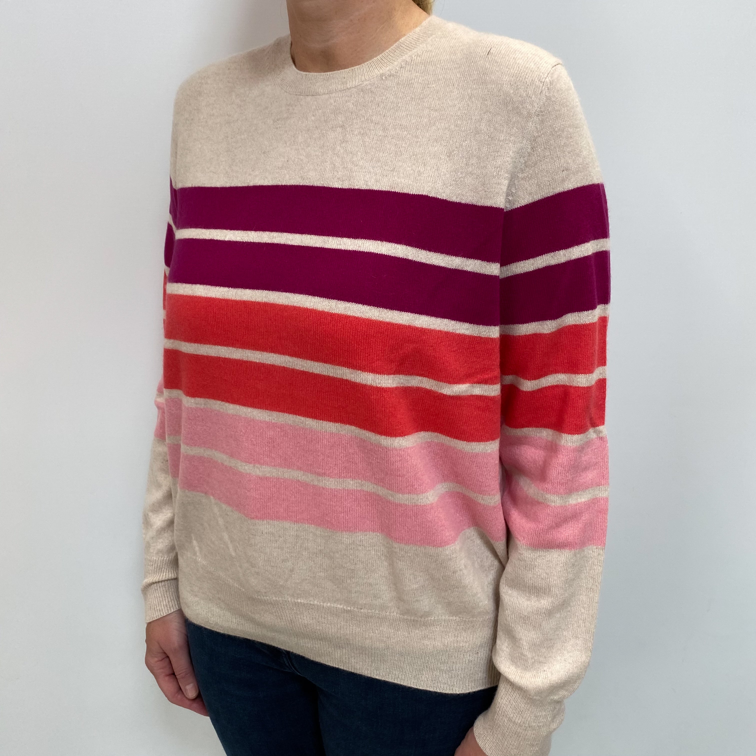 Oatmeal and Pink Stripe Cashmere Crew Neck Jumper Large