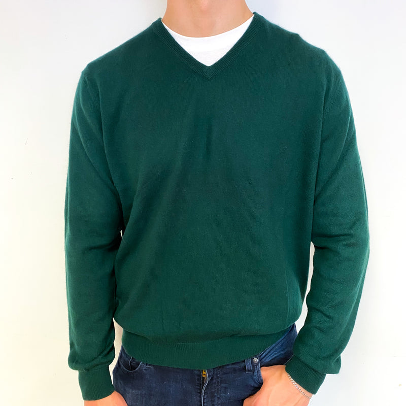 Men's Bottle Green Cashmere V-Neck Jumper Extra Large
