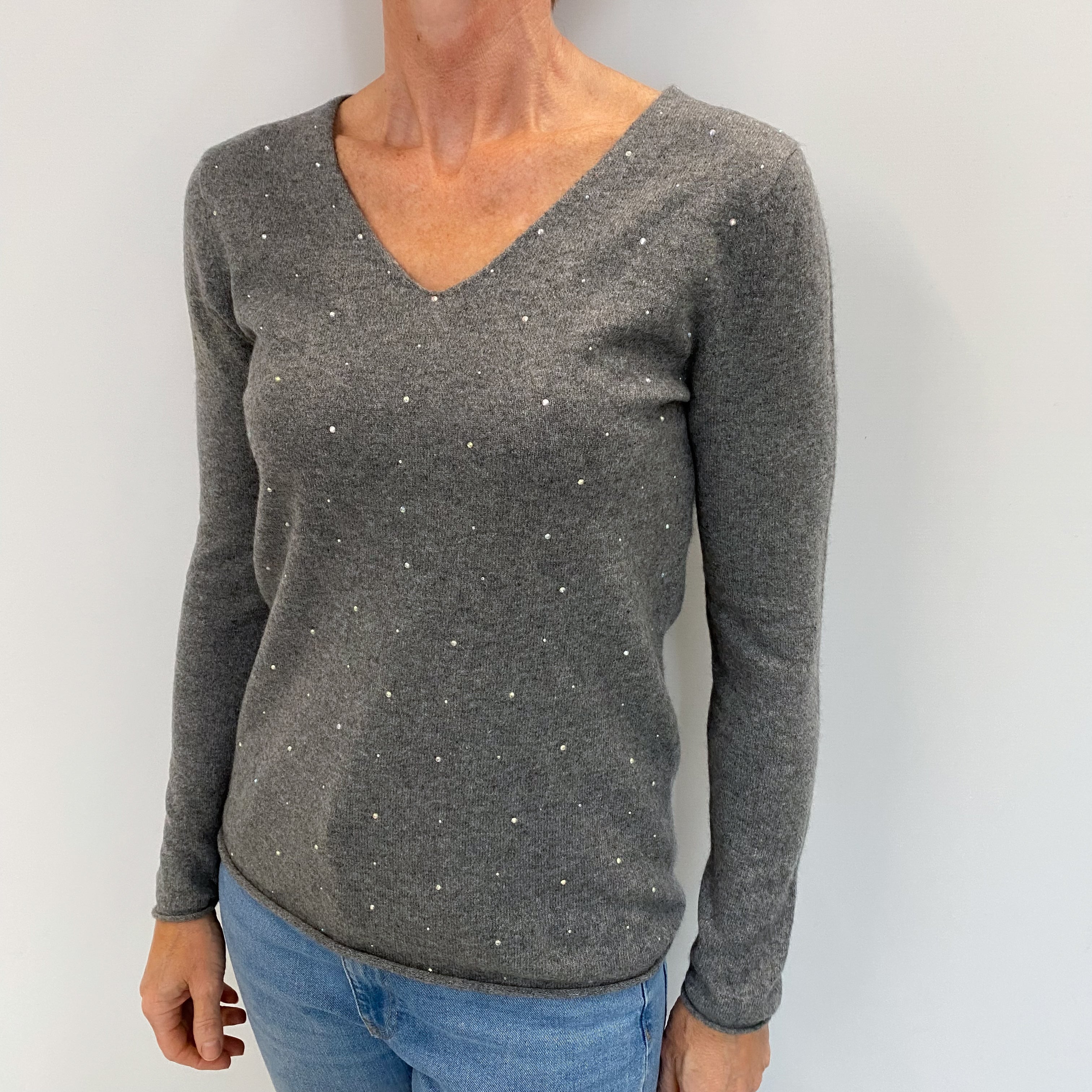 Ash Grey Diamanté Cashmere V Neck Jumper Small