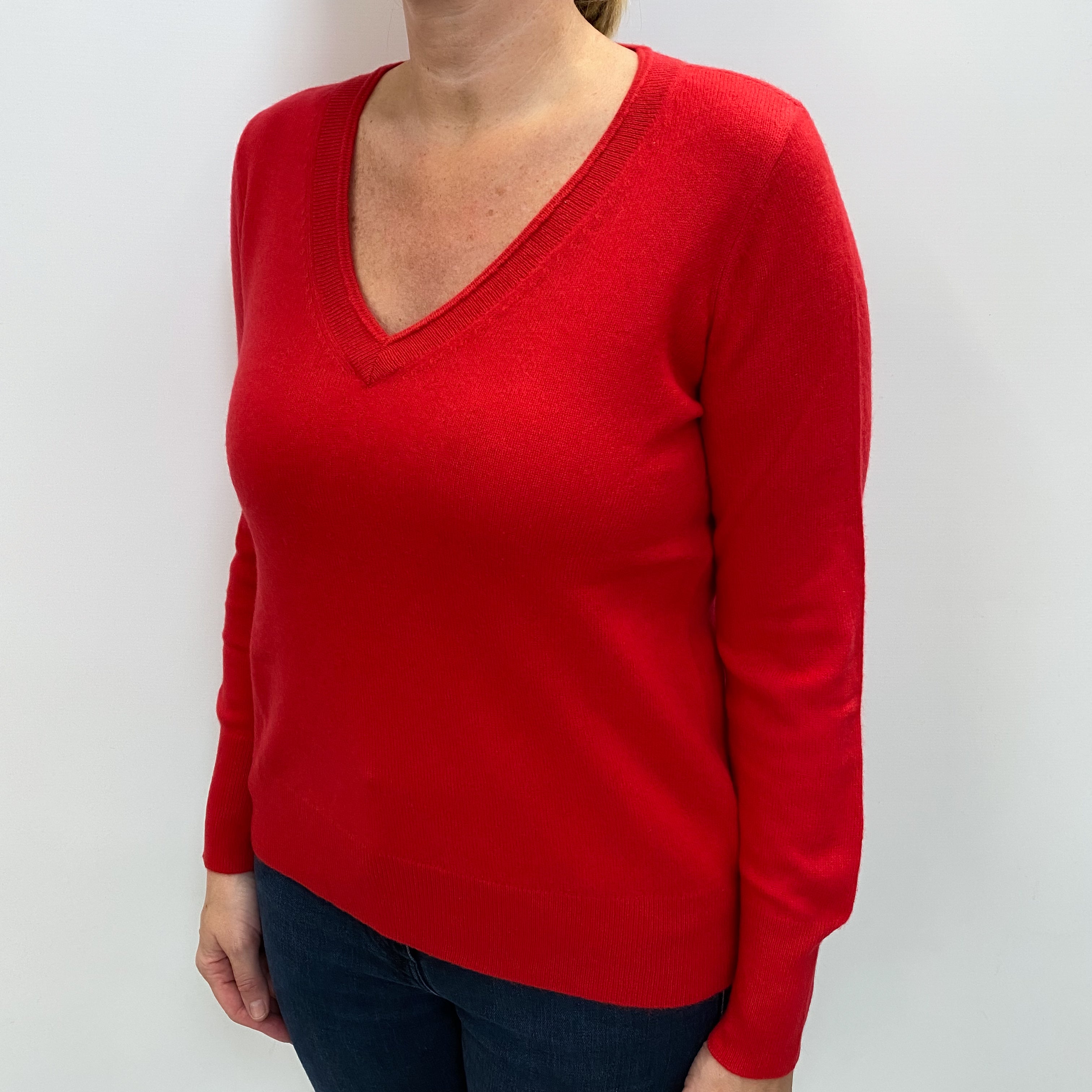 Vermillion Red Cashmere V Neck Jumper Large